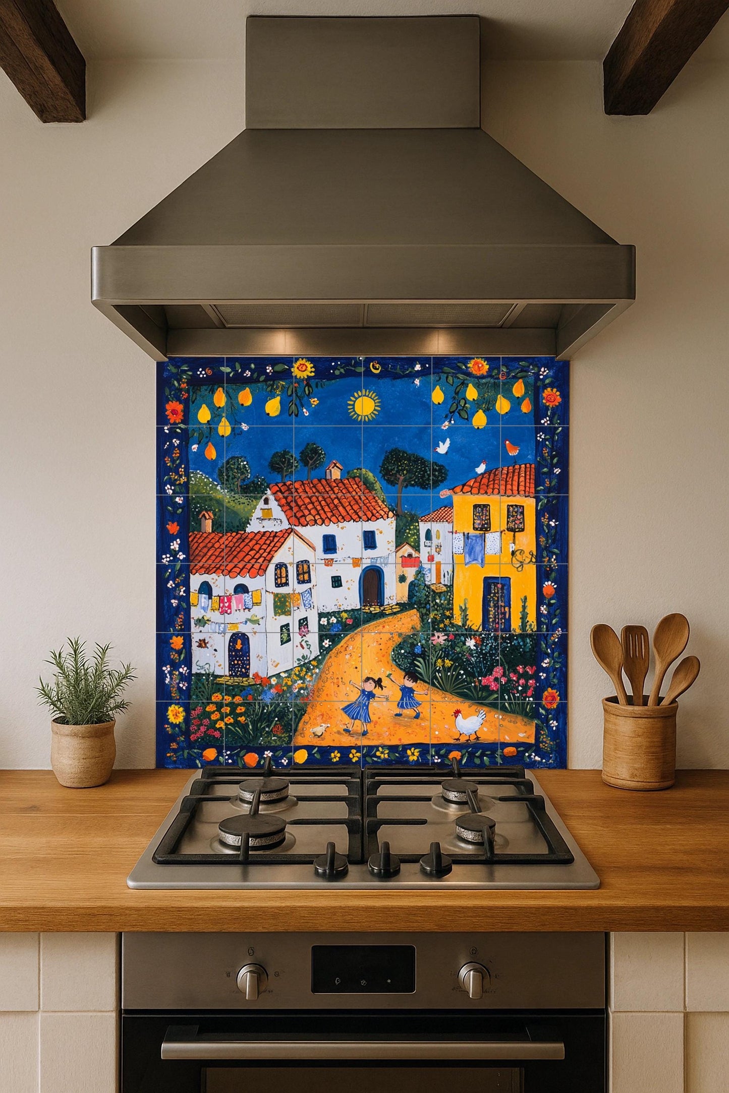 Portuguese naive art ceramic mural with terracotta roofed houses, a cheerful rural village and a decorative panel of folk tiles.