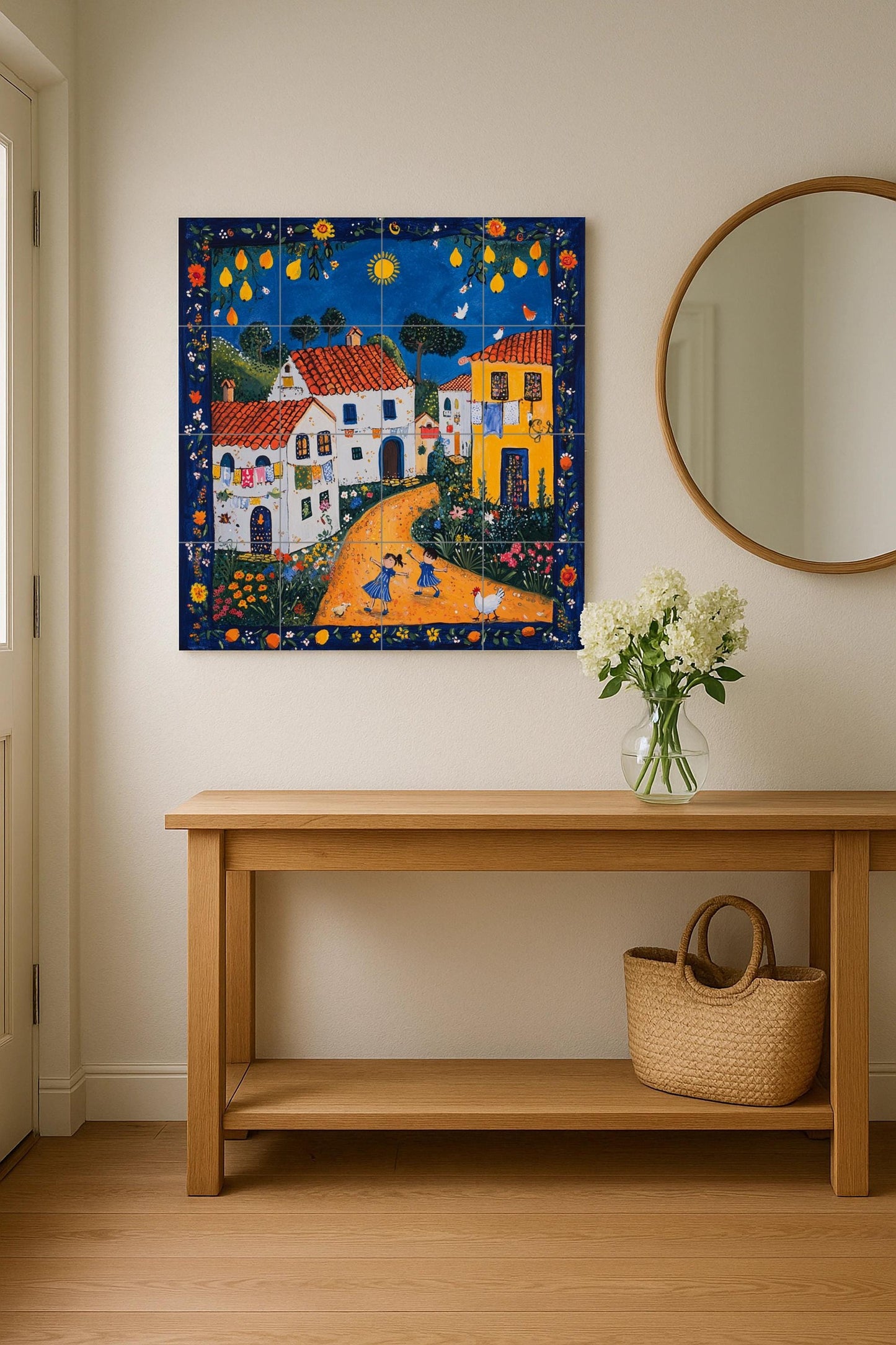 Portuguese naive art ceramic mural with terracotta roofed houses, a cheerful rural village and a decorative panel of folk tiles.