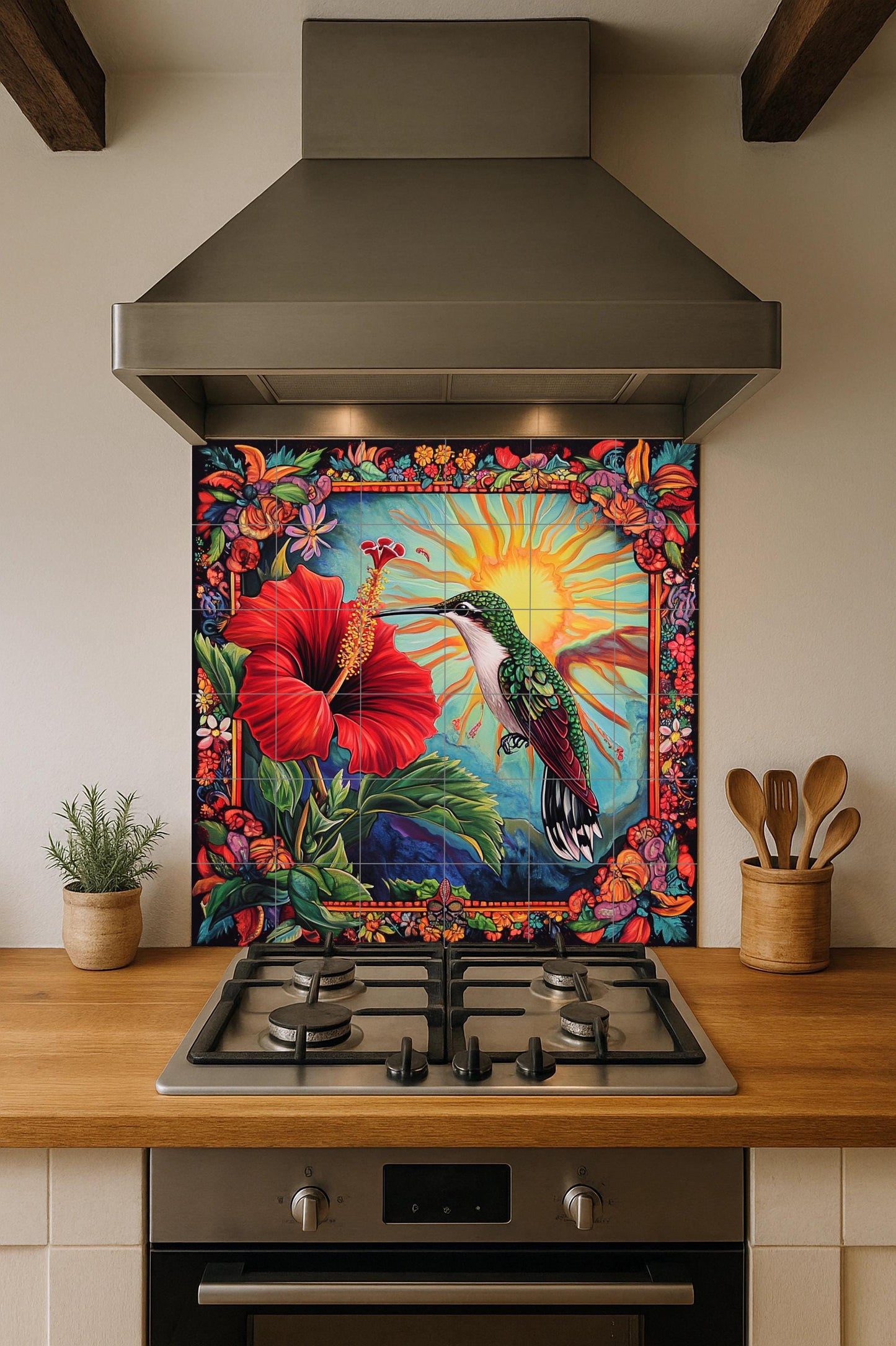 Caribbean hummingbird ceramic wall mural with hibiscus flower, radiant sun and lush floral frame, tropical island inspired tile panel.