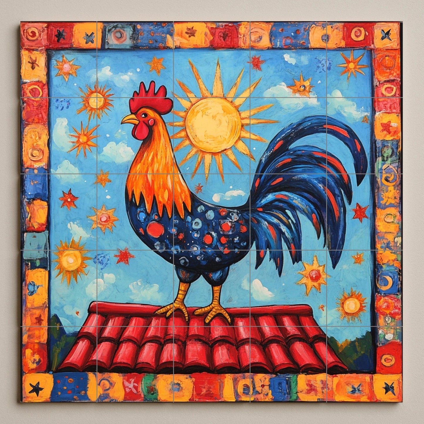 Portuguese rooster ceramic tile mural with radiant sun, celestial border and Mediterranean decorative wall panel with Iberian folk art on the ceiling.
