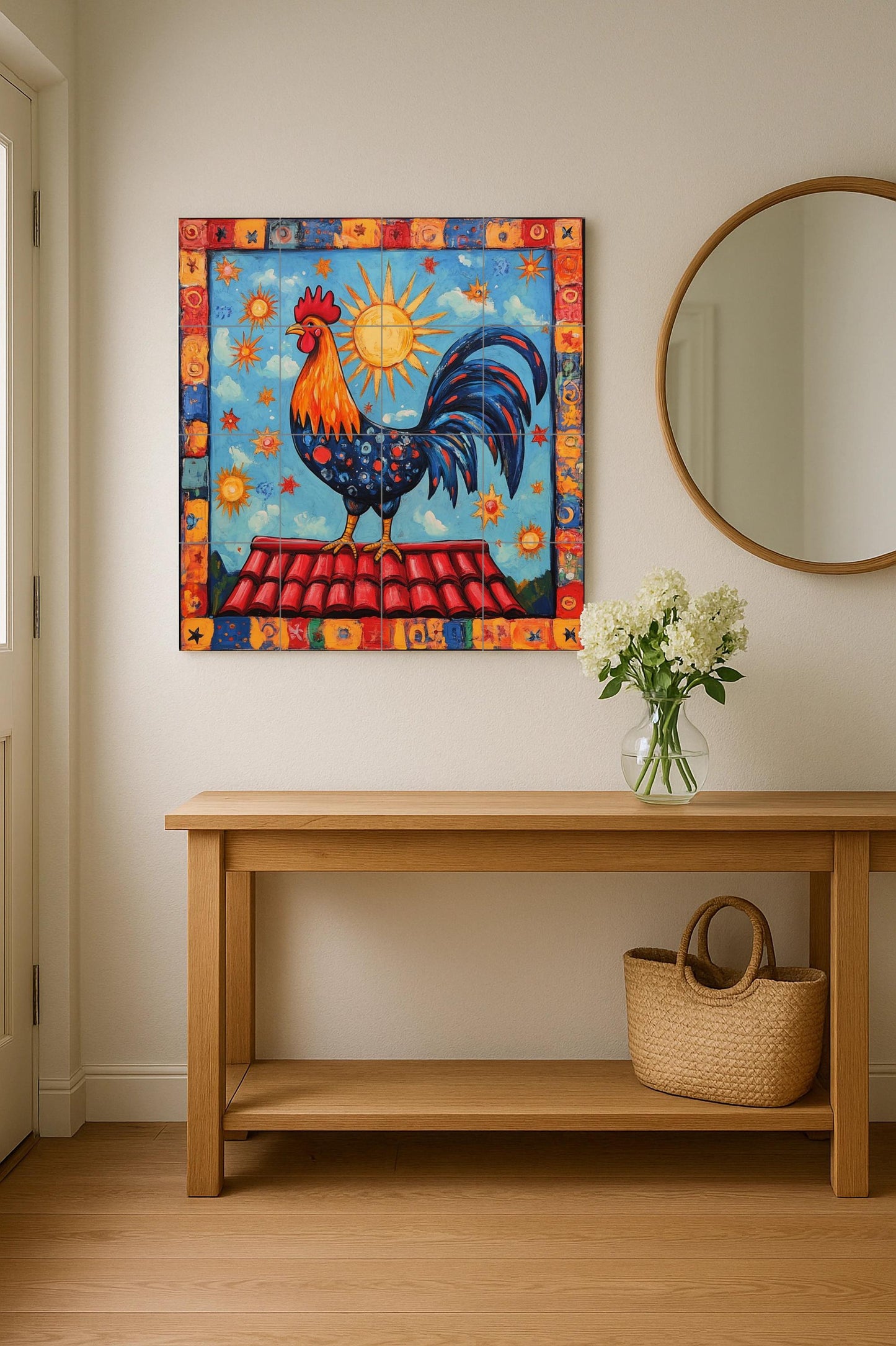 Portuguese rooster ceramic tile mural with radiant sun, celestial border and Mediterranean decorative wall panel with Iberian folk art on the ceiling.