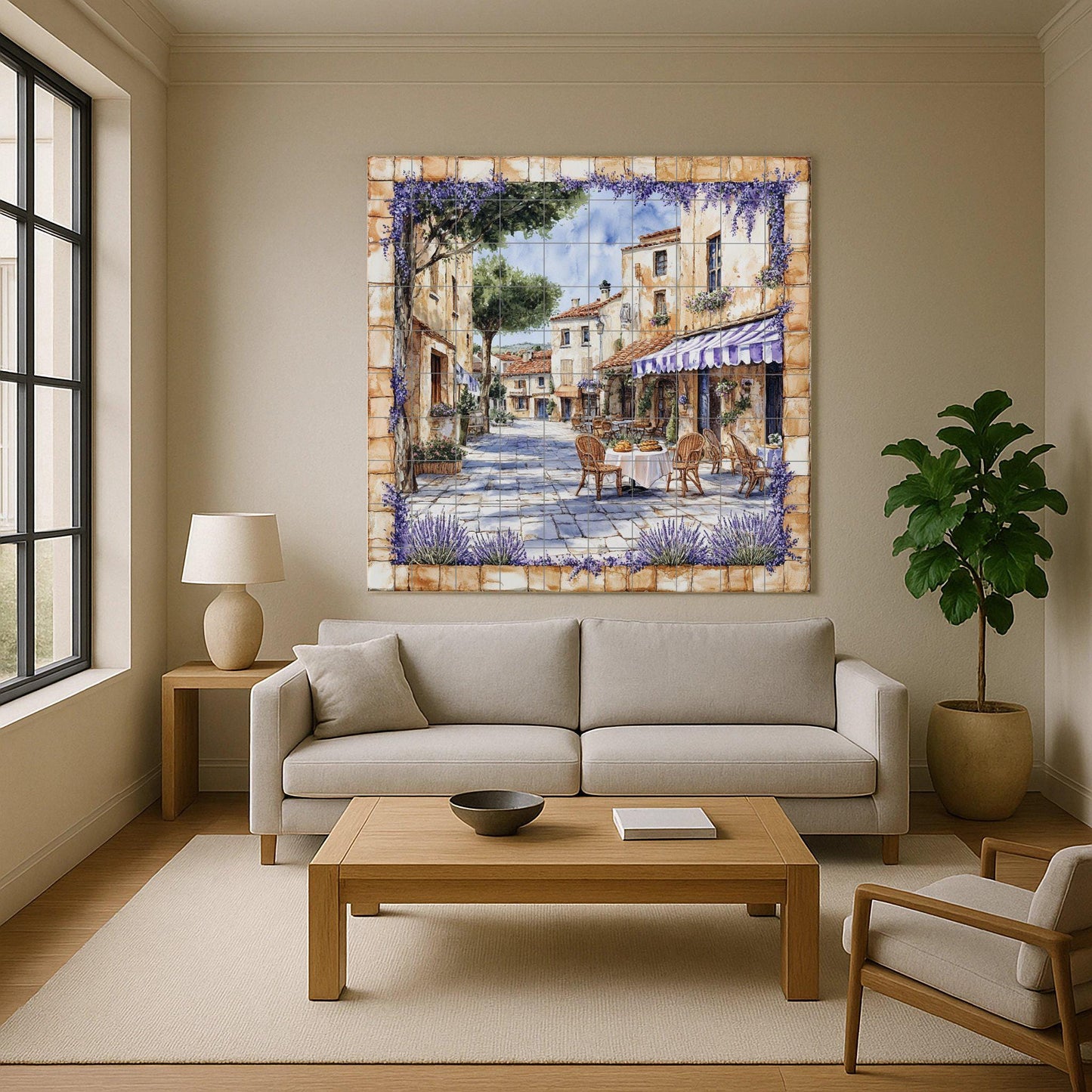 French rustic cafe ceramic wall mural with wicker chairs, lavender garlands and Provencal decorative tile panel of golden stone village square.