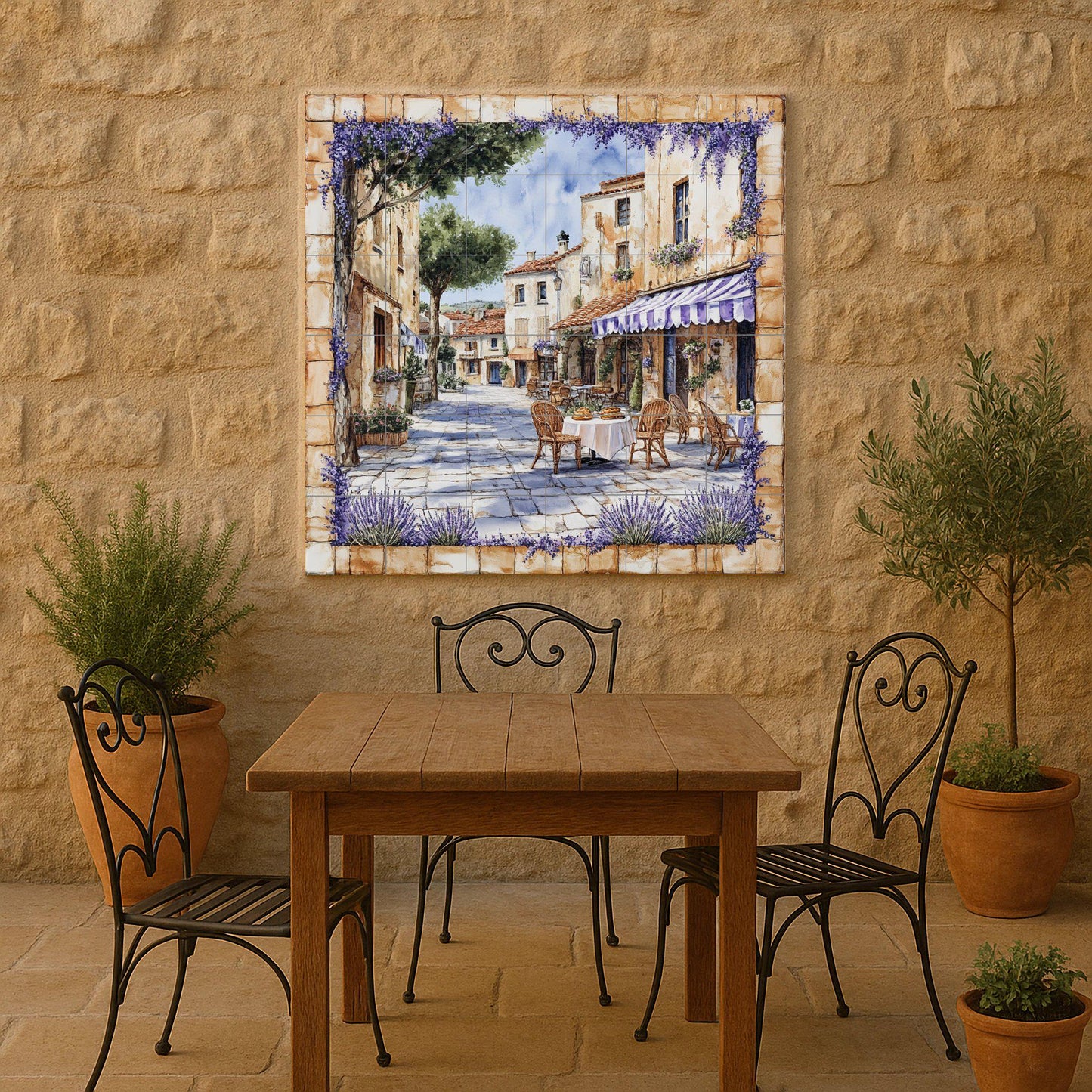 French rustic cafe ceramic wall mural with wicker chairs, lavender garlands and Provencal decorative tile panel of golden stone village square.