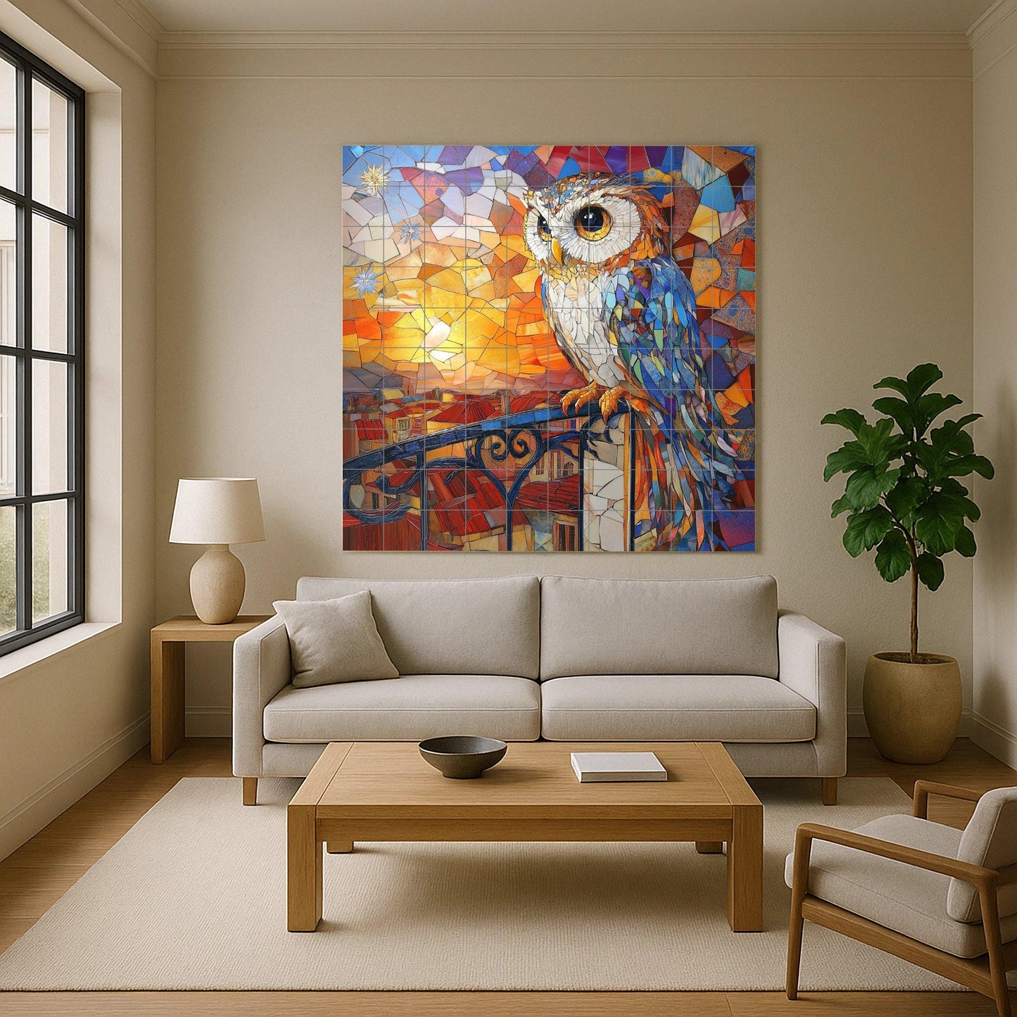Art Nouveau mosaic owl ceramic tile mural with vibrant sunset stained glass, modernist decorative balcony design, wall art panel