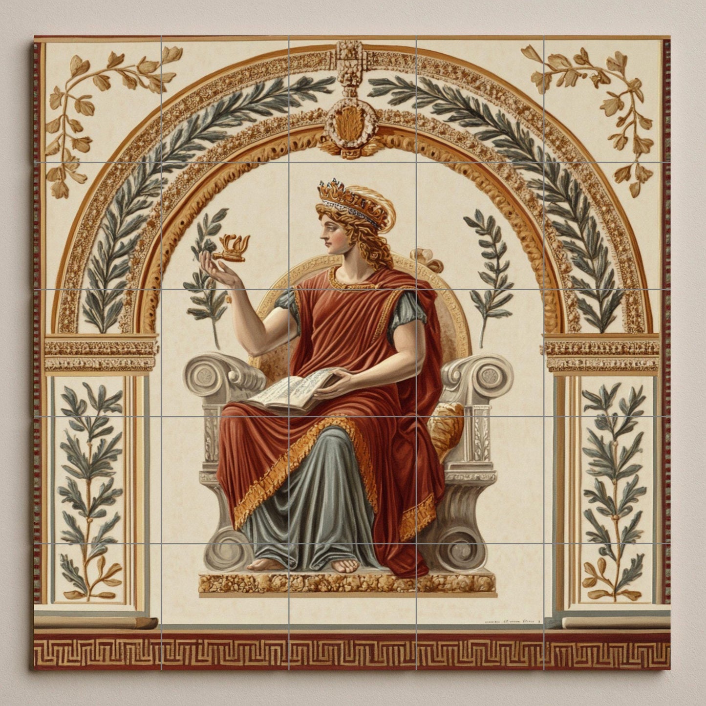 Pompeian fresco-style ceramic tile mural with classical seated goddess, laurel wreath allegory, neoclassical Roman villa wall art panel