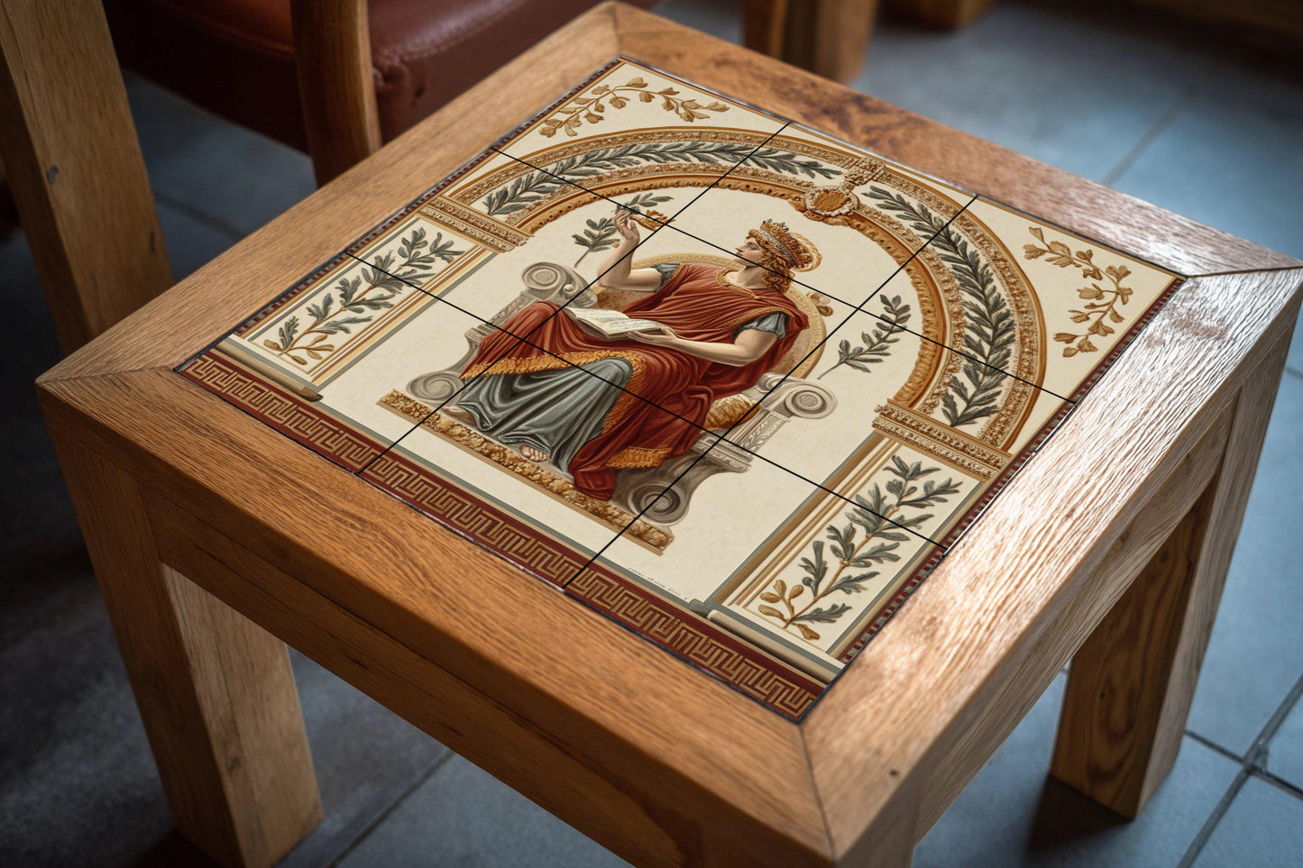 Pompeian fresco-style ceramic tile mural with classical seated goddess, laurel wreath allegory, neoclassical Roman villa wall art panel