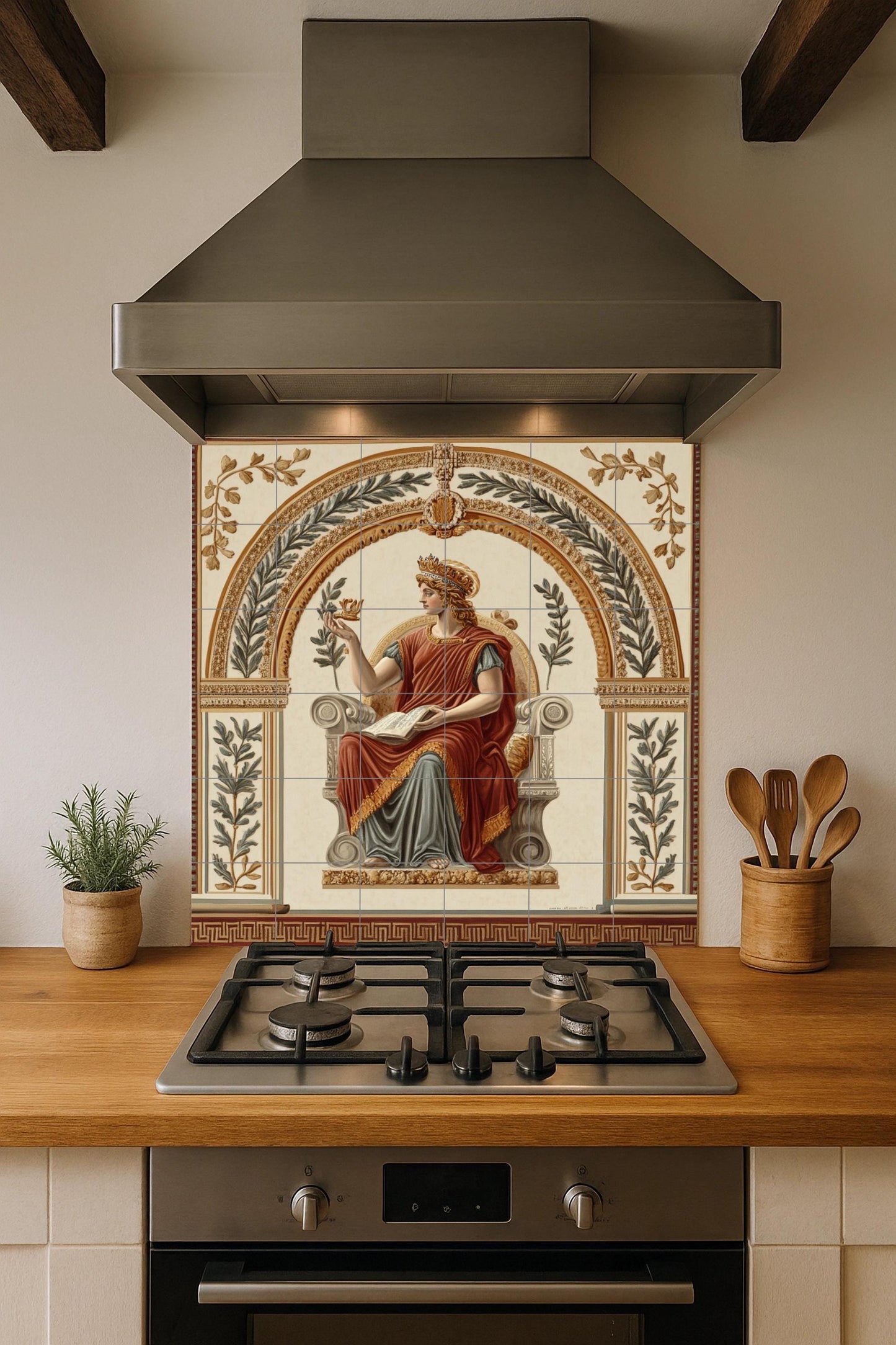 Pompeian fresco-style ceramic tile mural with classical seated goddess, laurel wreath allegory, neoclassical Roman villa wall art panel