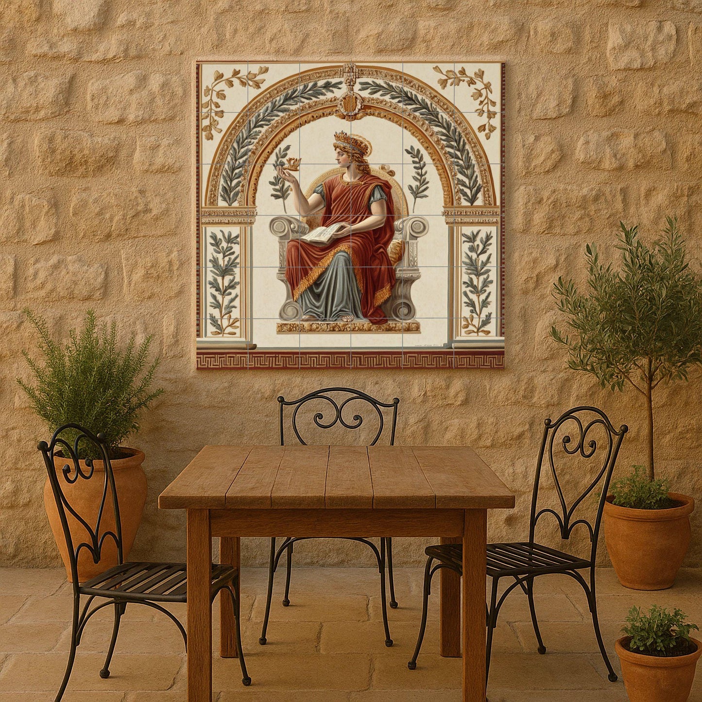 Pompeian fresco-style ceramic tile mural with classical seated goddess, laurel wreath allegory, neoclassical Roman villa wall art panel