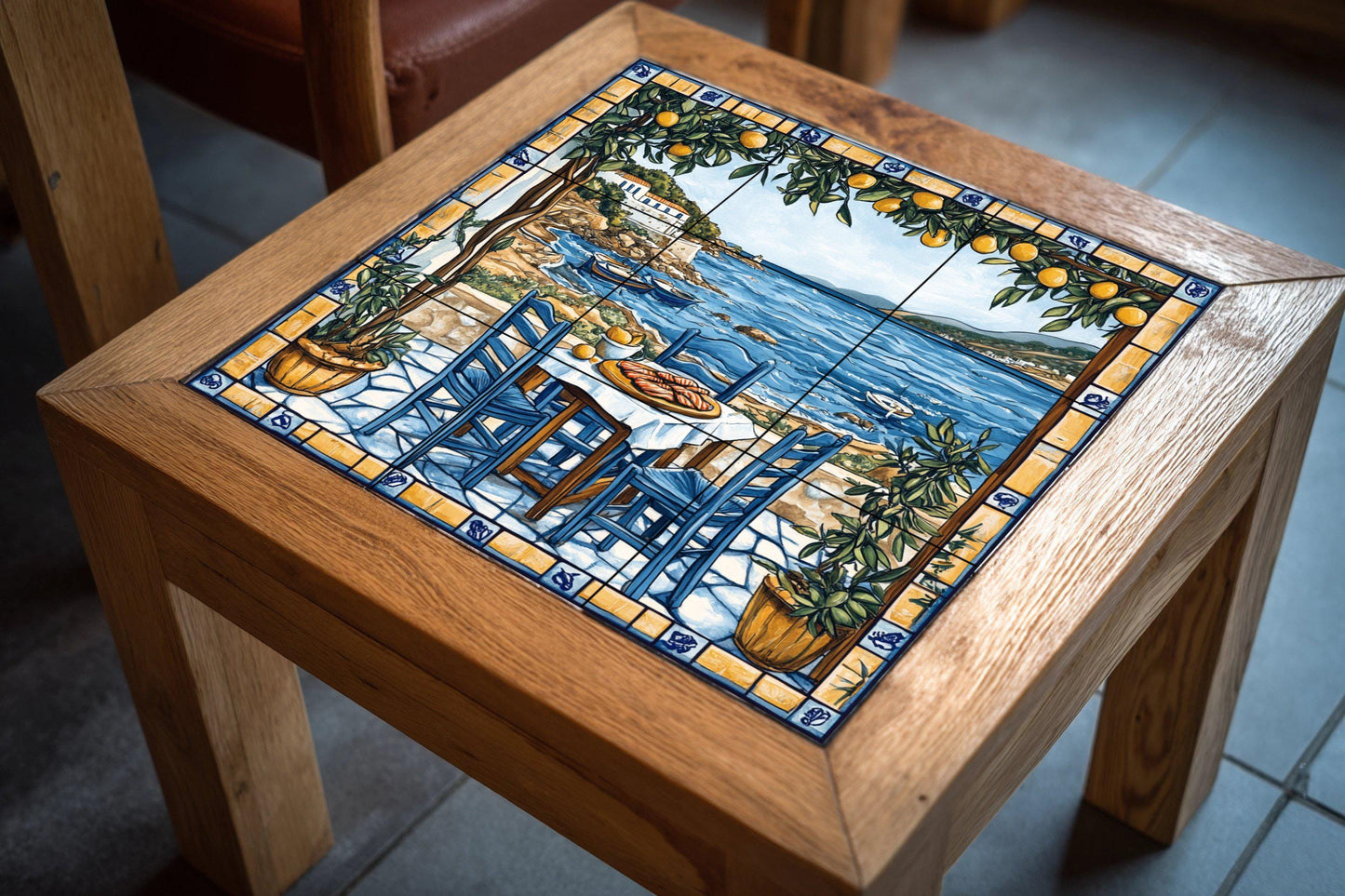 Ceramic tile mural of a Greek island tavern with blue chairs, lemon trees and Aegean fishing boats, Cycladic coastal kitchen wall art panel.