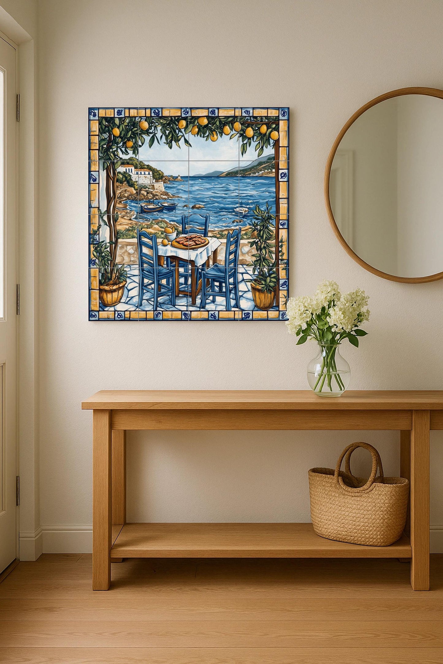 Ceramic tile mural of a Greek island tavern with blue chairs, lemon trees and Aegean fishing boats, Cycladic coastal kitchen wall art panel.