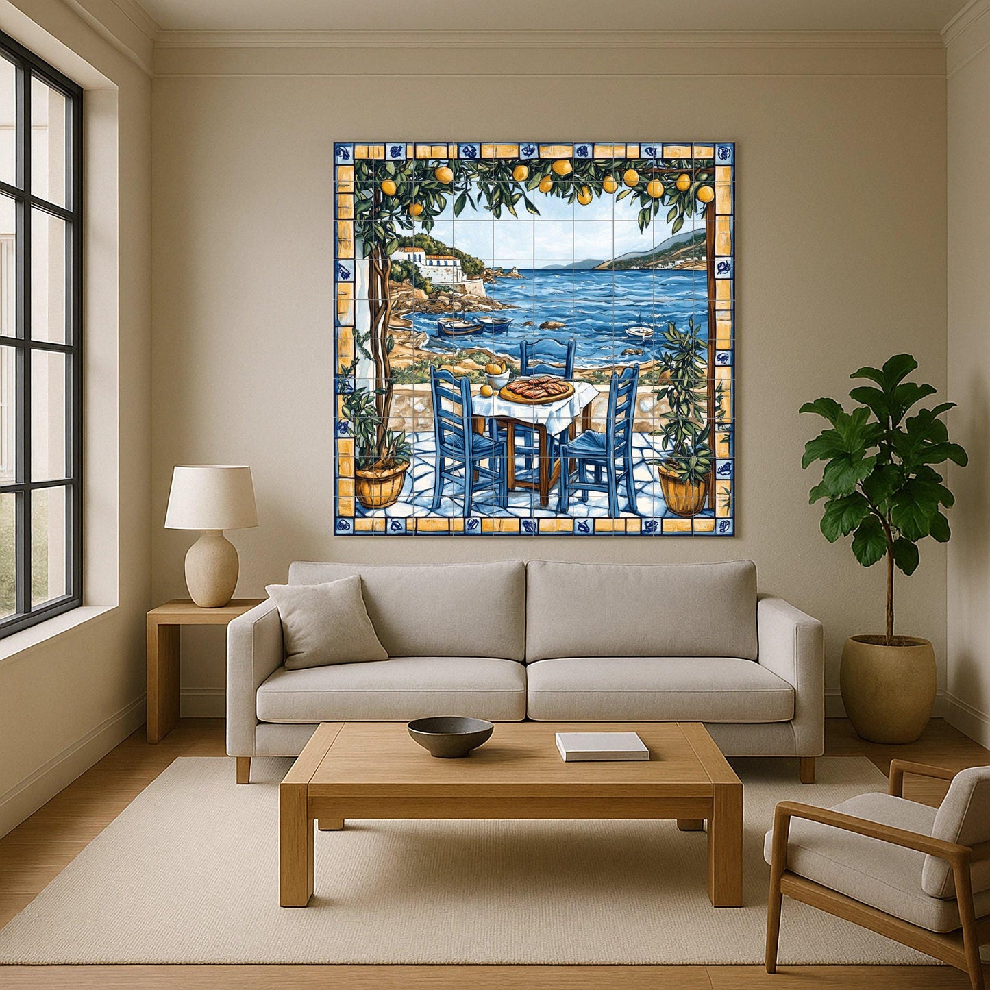 Ceramic tile mural of a Greek island tavern with blue chairs, lemon trees and Aegean fishing boats, Cycladic coastal kitchen wall art panel.