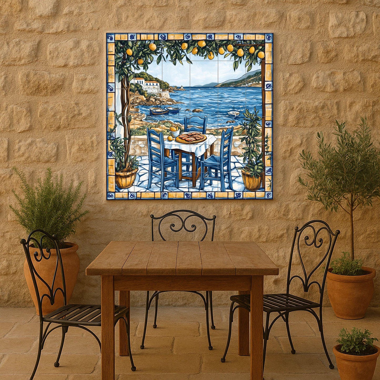 Ceramic tile mural of a Greek island tavern with blue chairs, lemon trees and Aegean fishing boats, Cycladic coastal kitchen wall art panel.