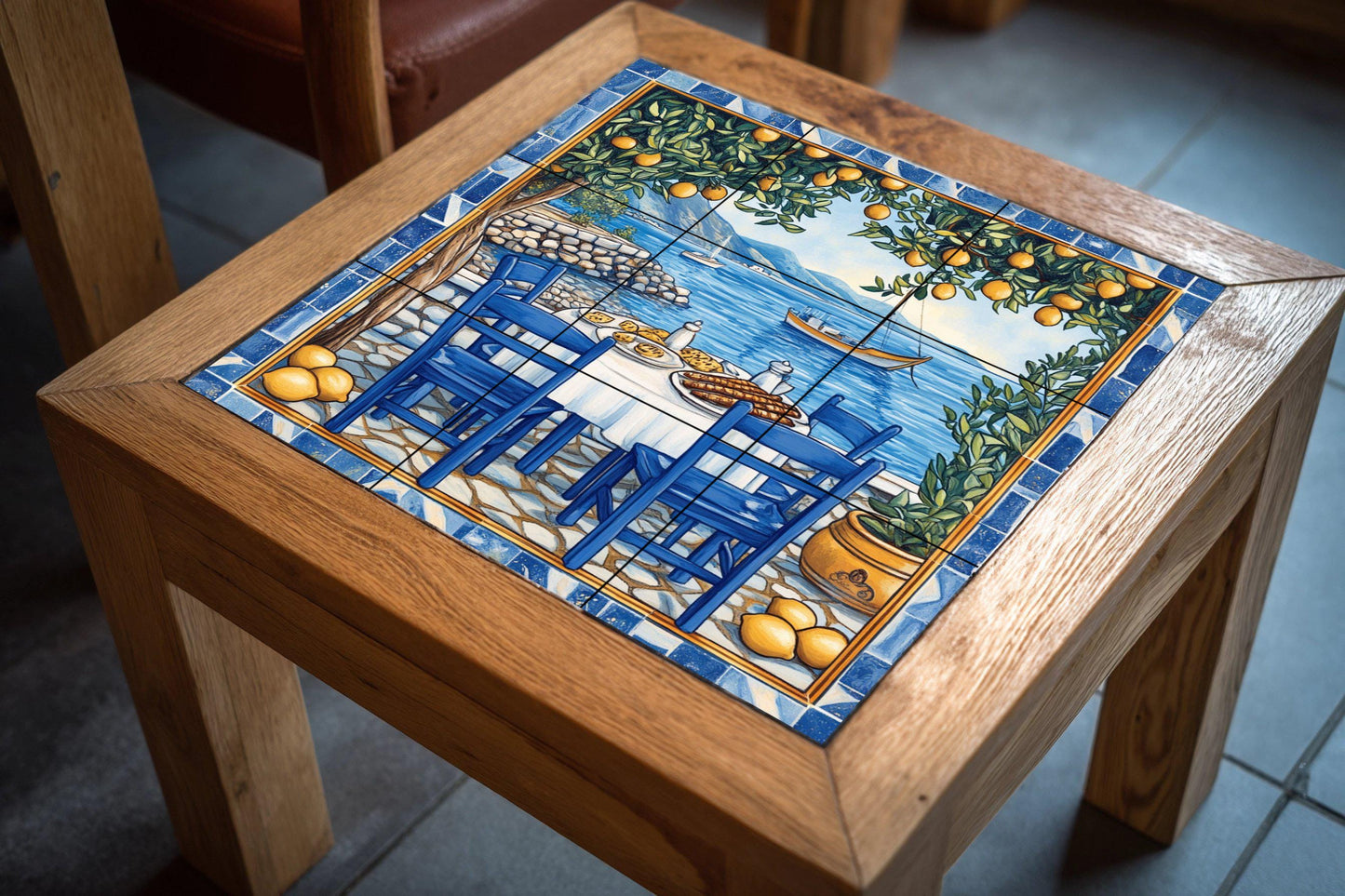 Amalfi lemon tree ceramic tile mural with seaside dining table, Italian coastal style rustic kitchen backsplash, Mediterranean villa decor