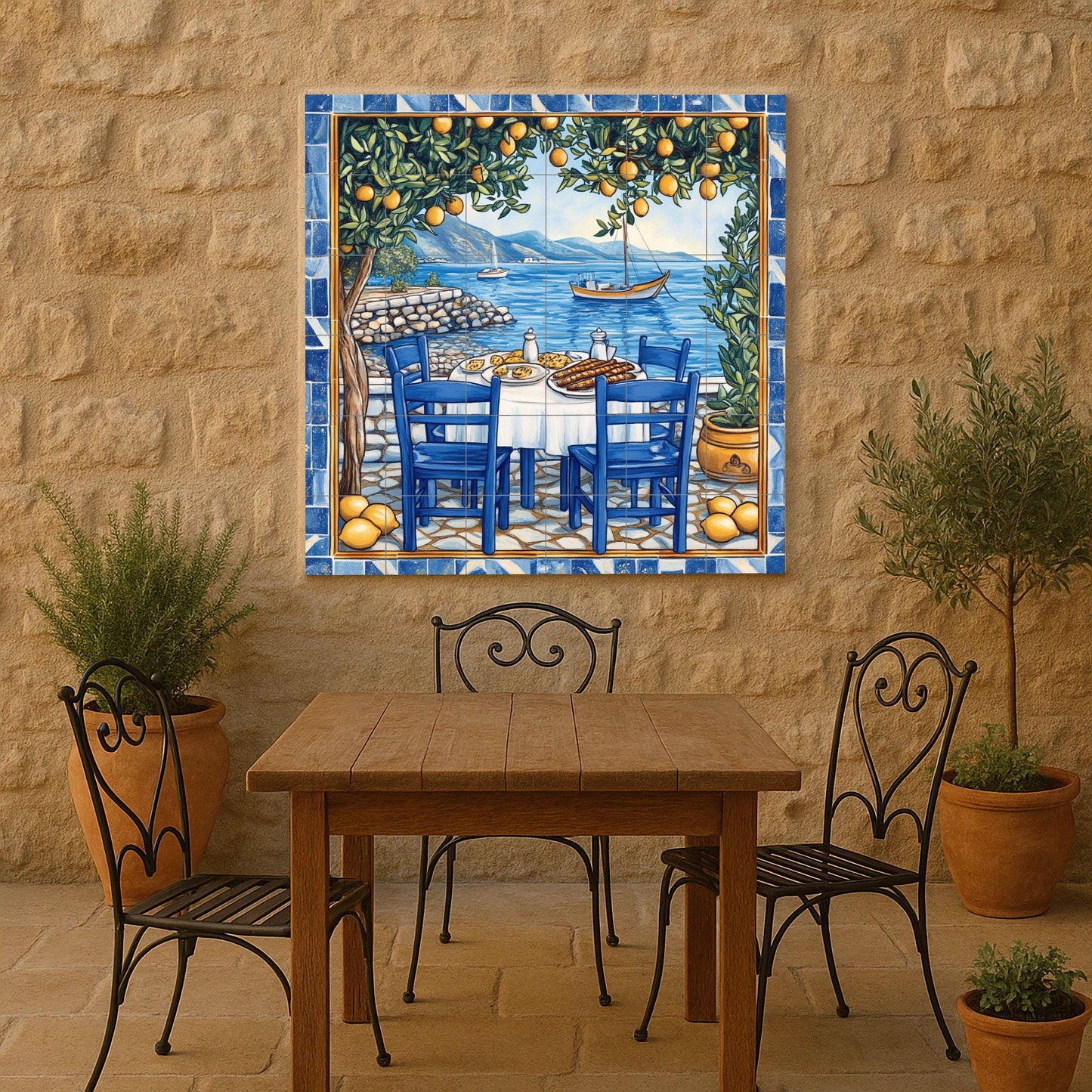Amalfi lemon tree ceramic tile mural with seaside dining table, Italian coastal style rustic kitchen backsplash, Mediterranean villa decor