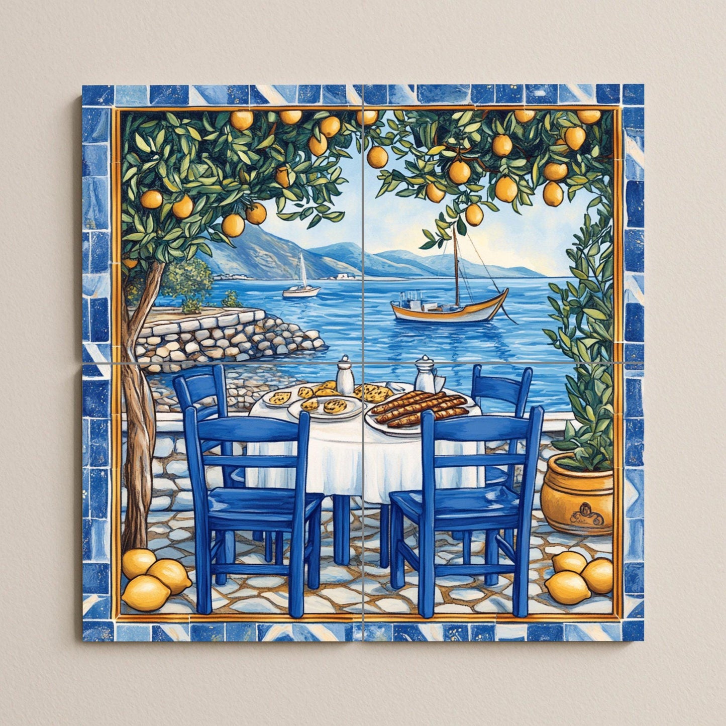 Amalfi lemon tree ceramic tile mural with seaside dining table, Italian coastal style rustic kitchen backsplash, Mediterranean villa decor