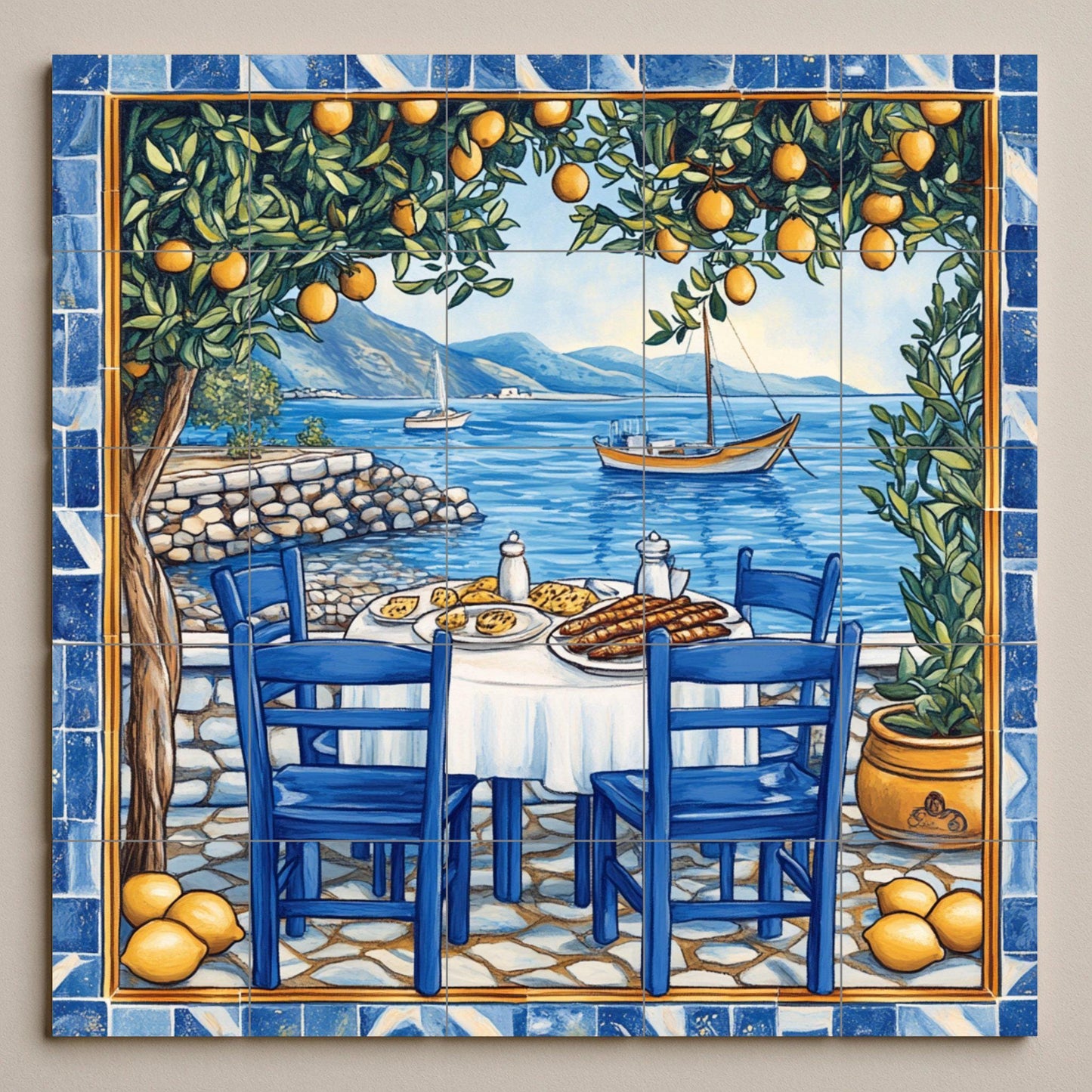 Amalfi lemon tree ceramic tile mural with seaside dining table, Italian coastal style rustic kitchen backsplash, Mediterranean villa decor