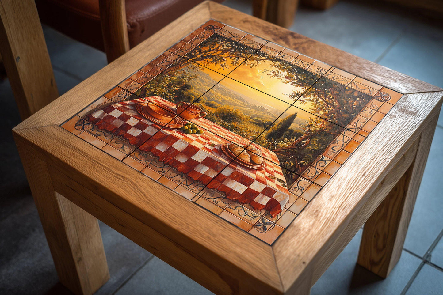 Chianti vineyard ceramic tile mural with rolling Tuscan hills, sunset trattoria table, farmhouse rustic style kitchen backsplash wall panel