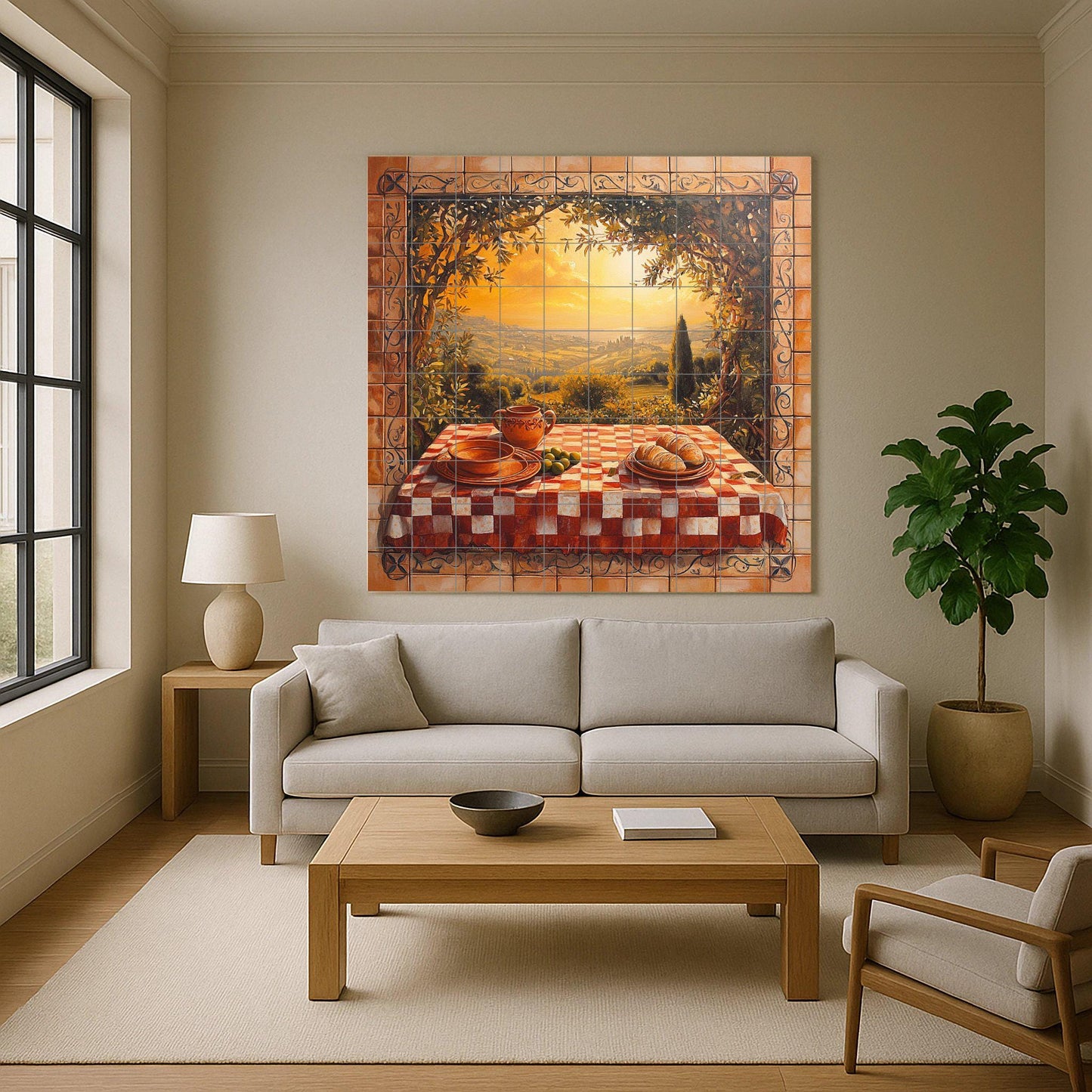 Chianti vineyard ceramic tile mural with rolling Tuscan hills, sunset trattoria table, farmhouse rustic style kitchen backsplash wall panel