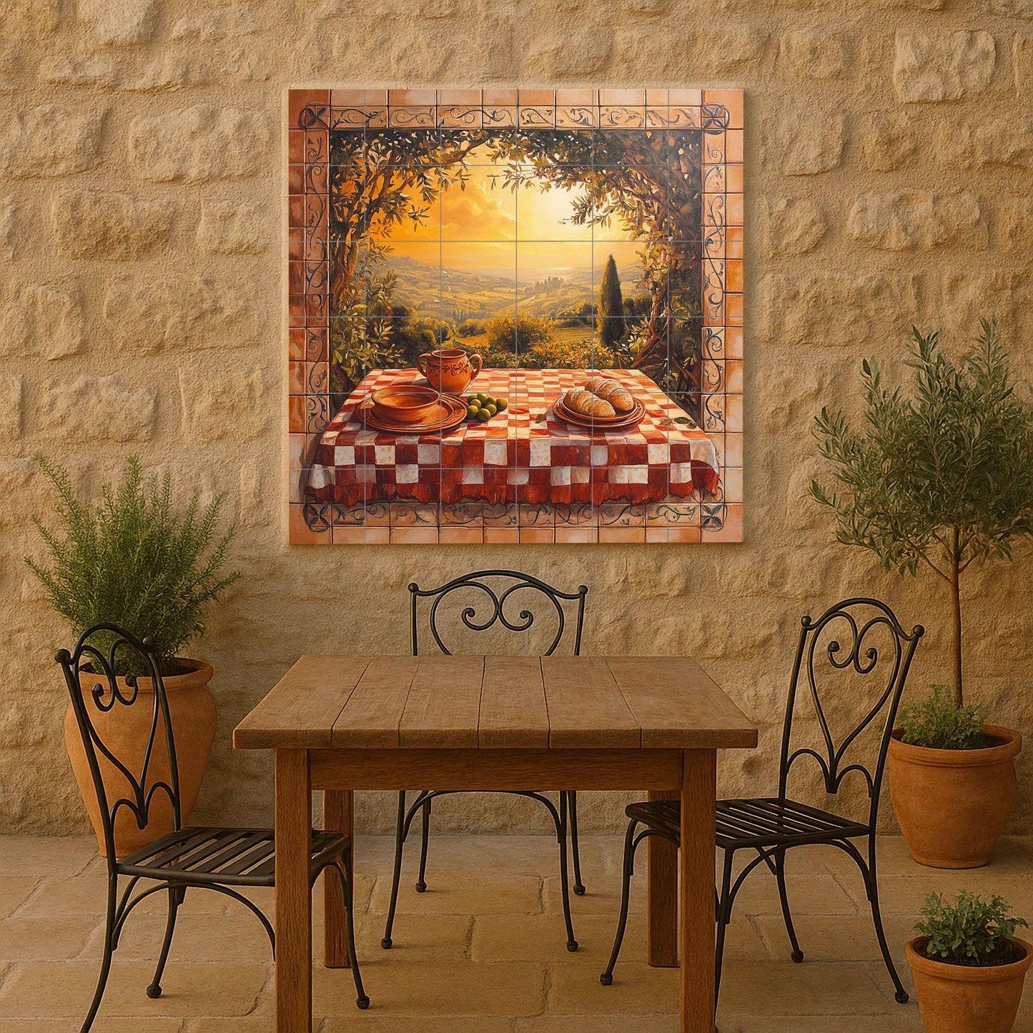 Chianti vineyard ceramic tile mural with rolling Tuscan hills, sunset trattoria table, farmhouse rustic style kitchen backsplash wall panel