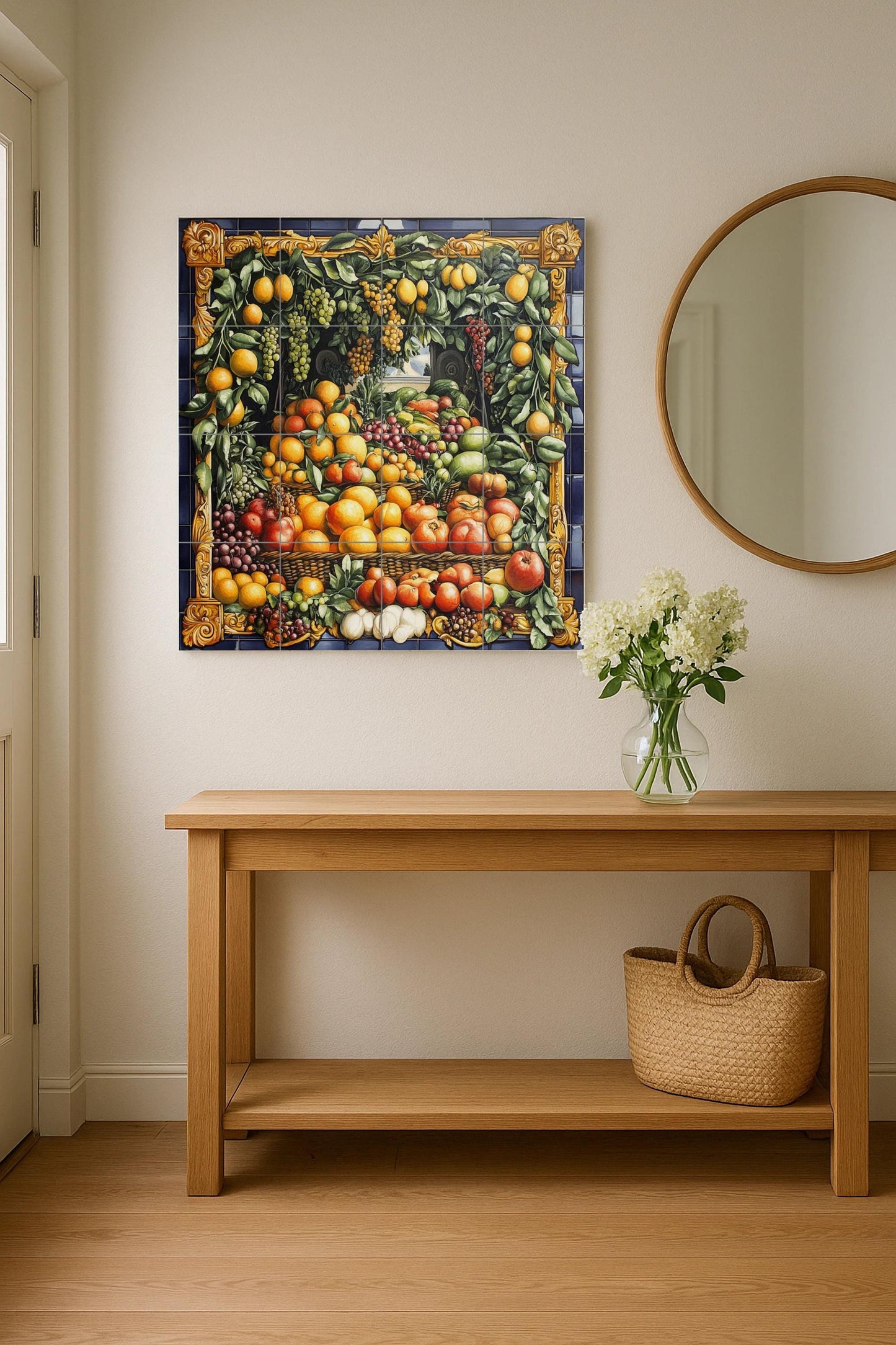 Ceramic tile mural with Neapolitan baroque fruit garland featuring vineyard grapes, orchard pears and ornate gold border, Italian rustic villa panel.