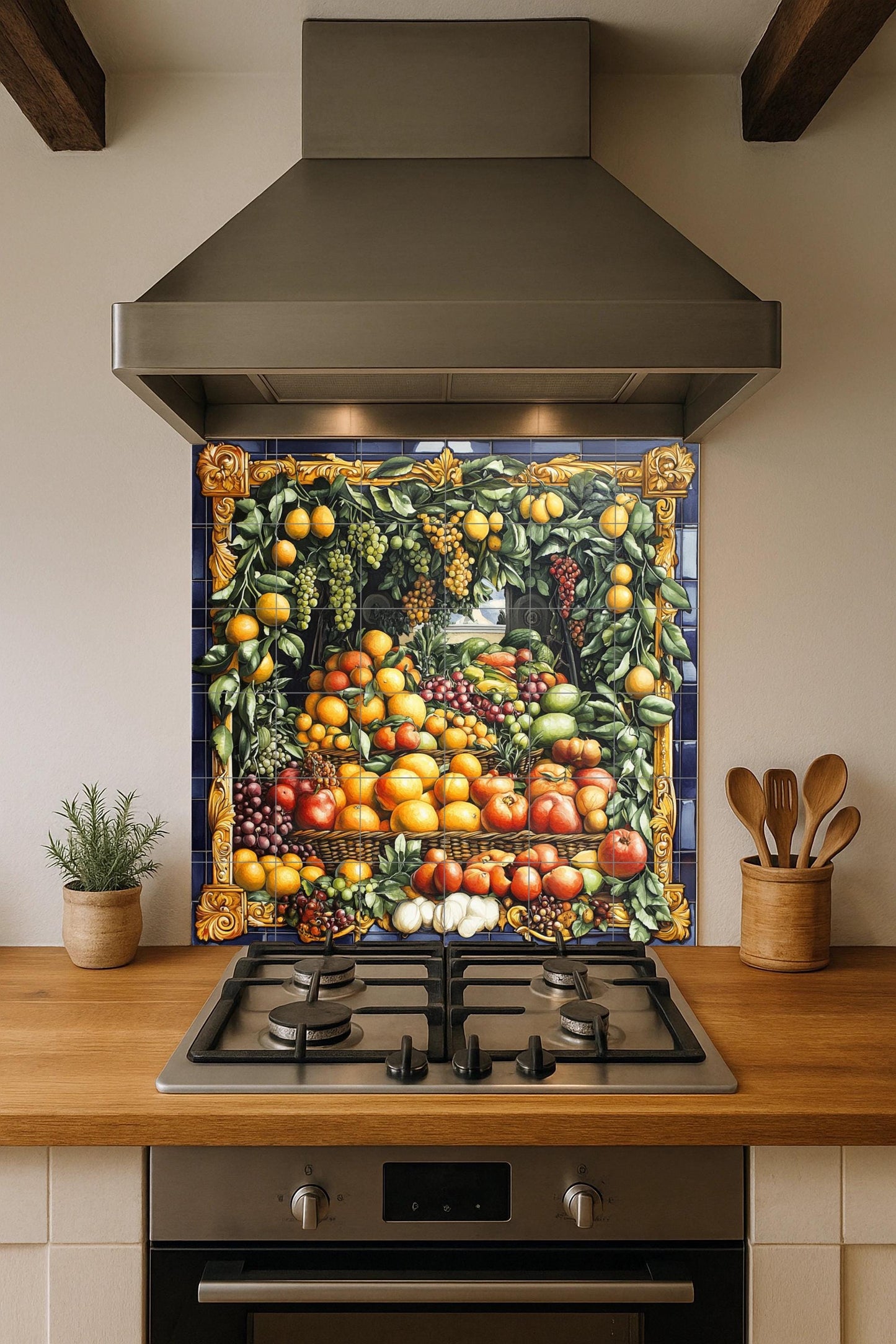 Ceramic tile mural with Neapolitan baroque fruit garland featuring vineyard grapes, orchard pears and ornate gold border, Italian rustic villa panel.
