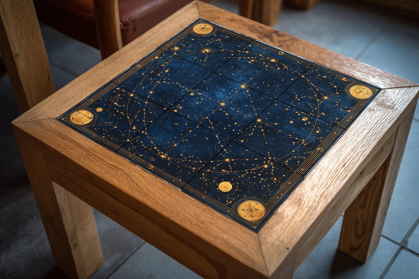 Ceramic tile mural with ancient celestial star map with zodiac constellations, Renaissance astronomical map and gilded cosmic navigation wall panel.