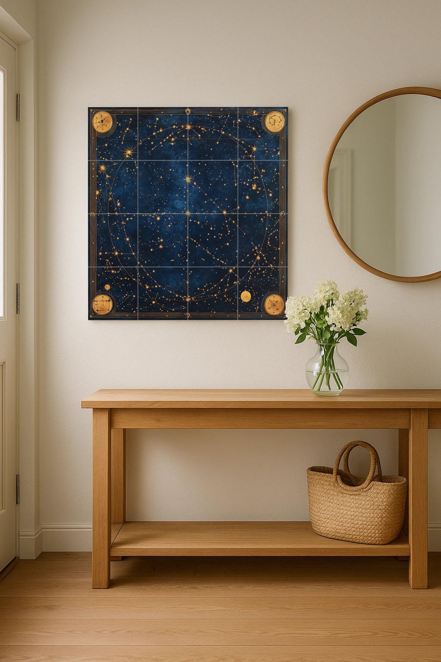 Ceramic tile mural with ancient celestial star map with zodiac constellations, Renaissance astronomical map and gilded cosmic navigation wall panel.