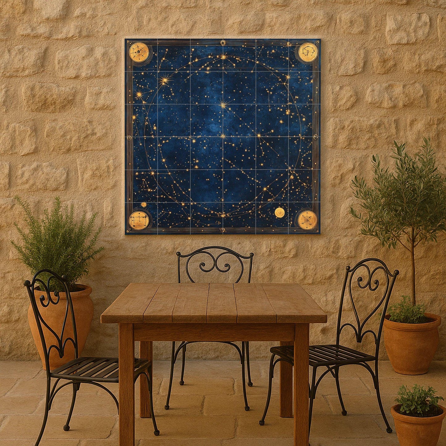 Ceramic tile mural with ancient celestial star map with zodiac constellations, Renaissance astronomical map and gilded cosmic navigation wall panel.