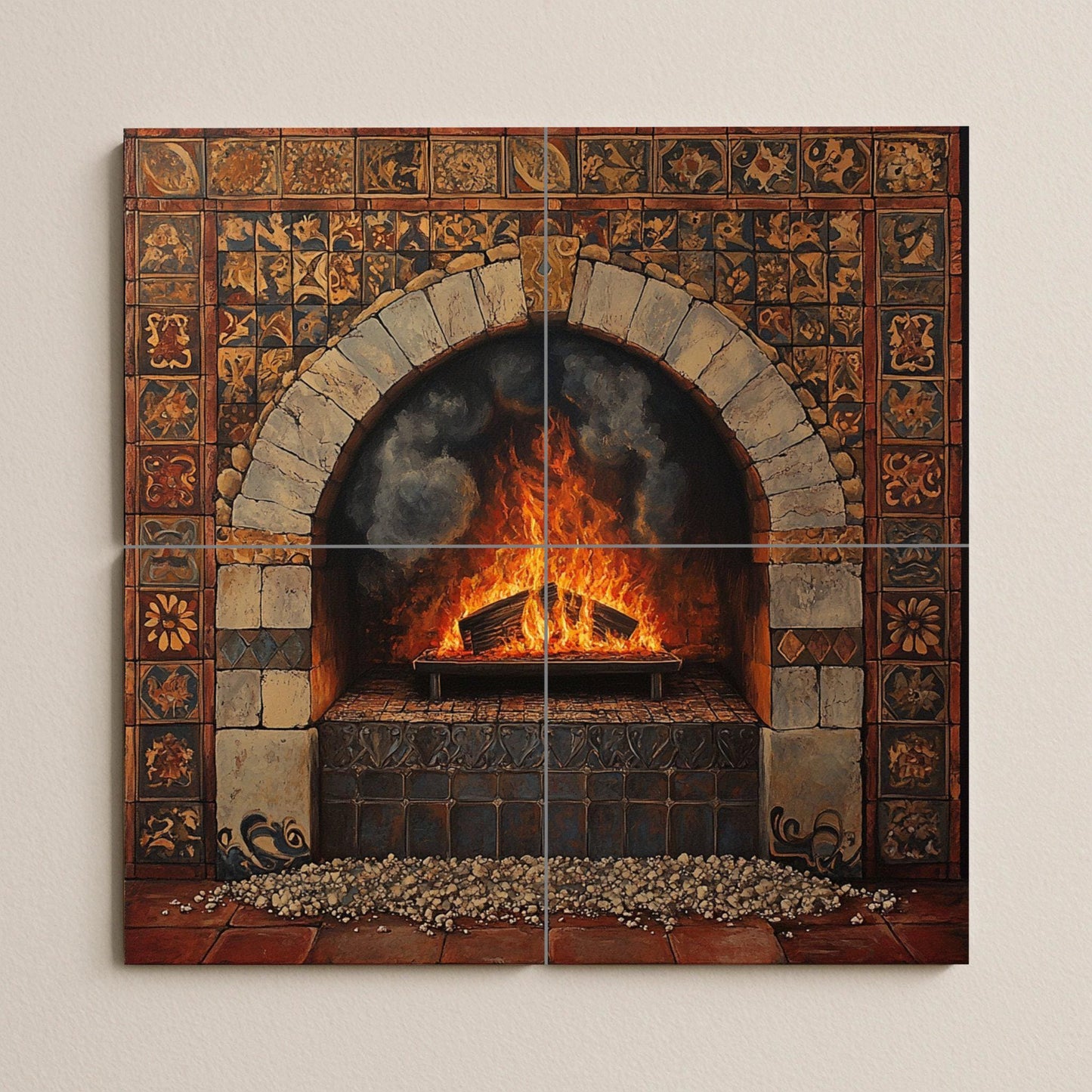Ceramic tile mural with rustic fireplace and Tuscan stone arch, Mediterranean terracotta tiles, handcrafted decorative panel for home wall.
