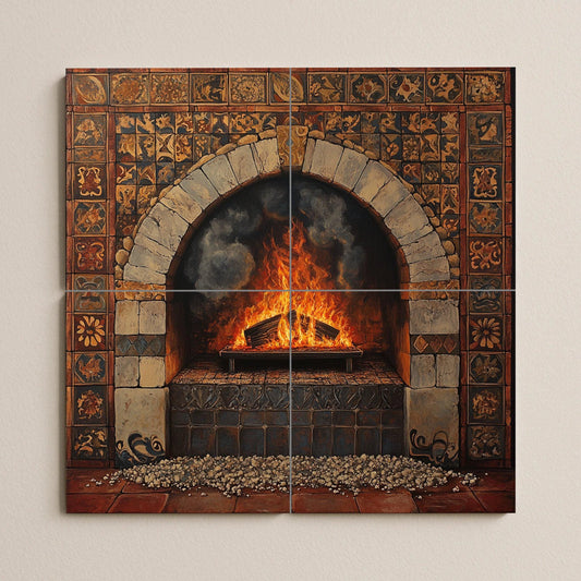 Ceramic tile mural with rustic fireplace and Tuscan stone arch, Mediterranean terracotta tiles, handcrafted decorative panel for home wall.