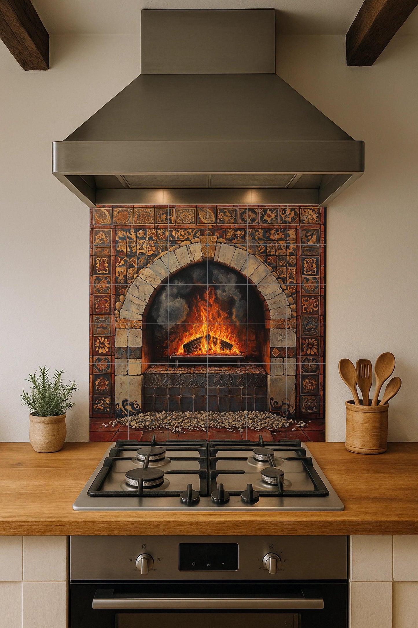 Ceramic tile mural with rustic fireplace and Tuscan stone arch, Mediterranean terracotta tiles, handcrafted decorative panel for home wall.