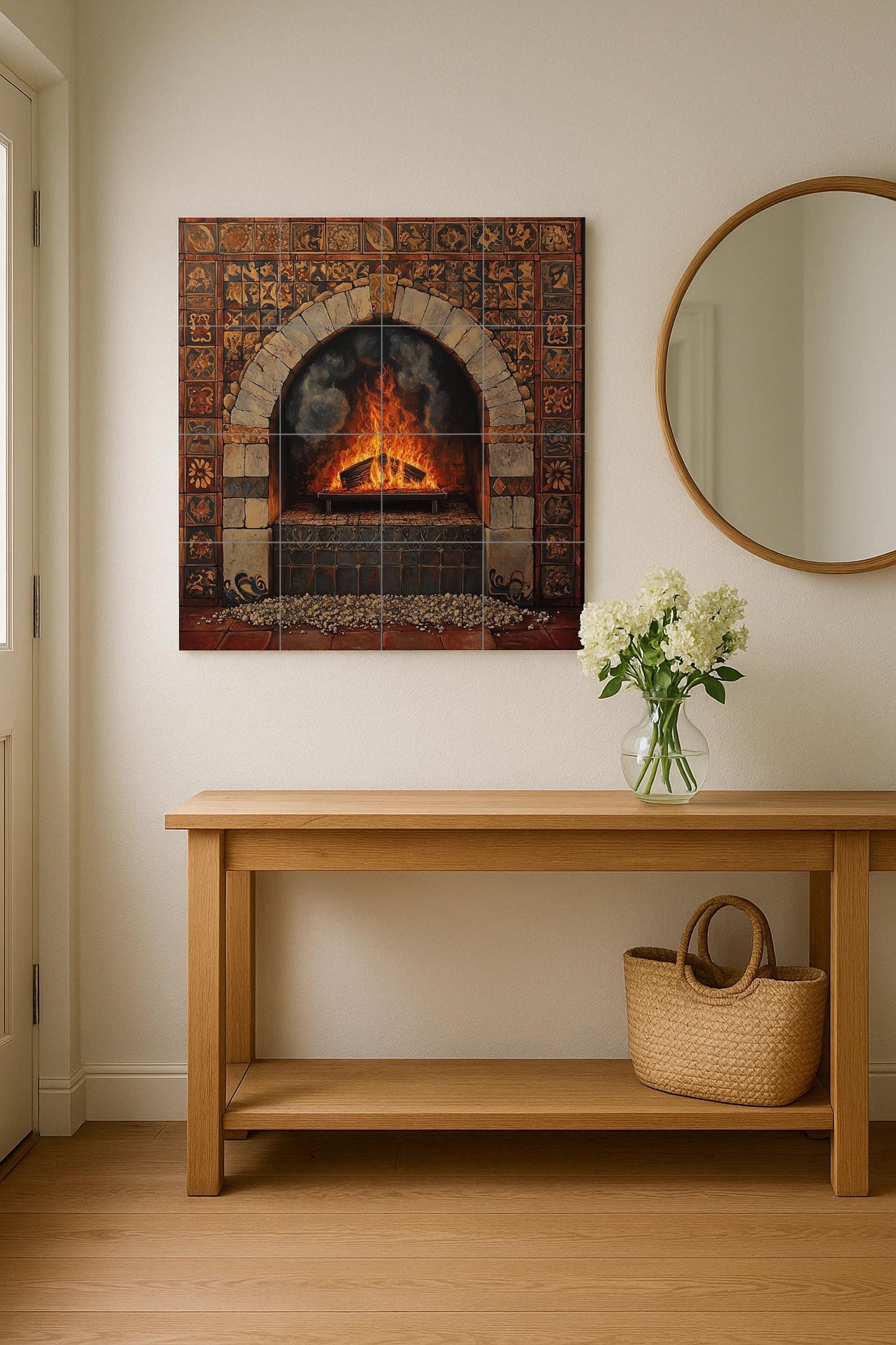 Ceramic tile mural with rustic fireplace and Tuscan stone arch, Mediterranean terracotta tiles, handcrafted decorative panel for home wall.