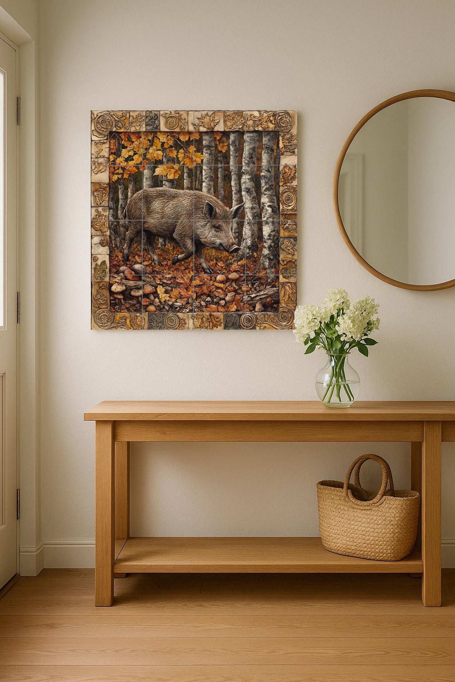 Wild boar forest ceramic tile mural with autumn birch trees and rustic symbolic border, Celtic mythology wall art, woodland cabin panel