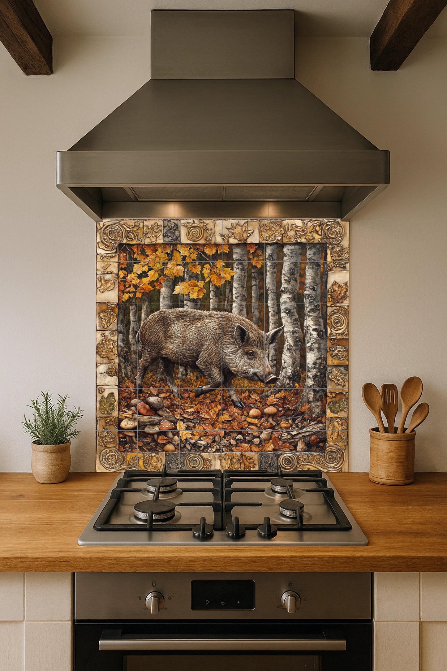 Wild boar forest ceramic tile mural with autumn birch trees and rustic symbolic border, Celtic mythology wall art, woodland cabin panel