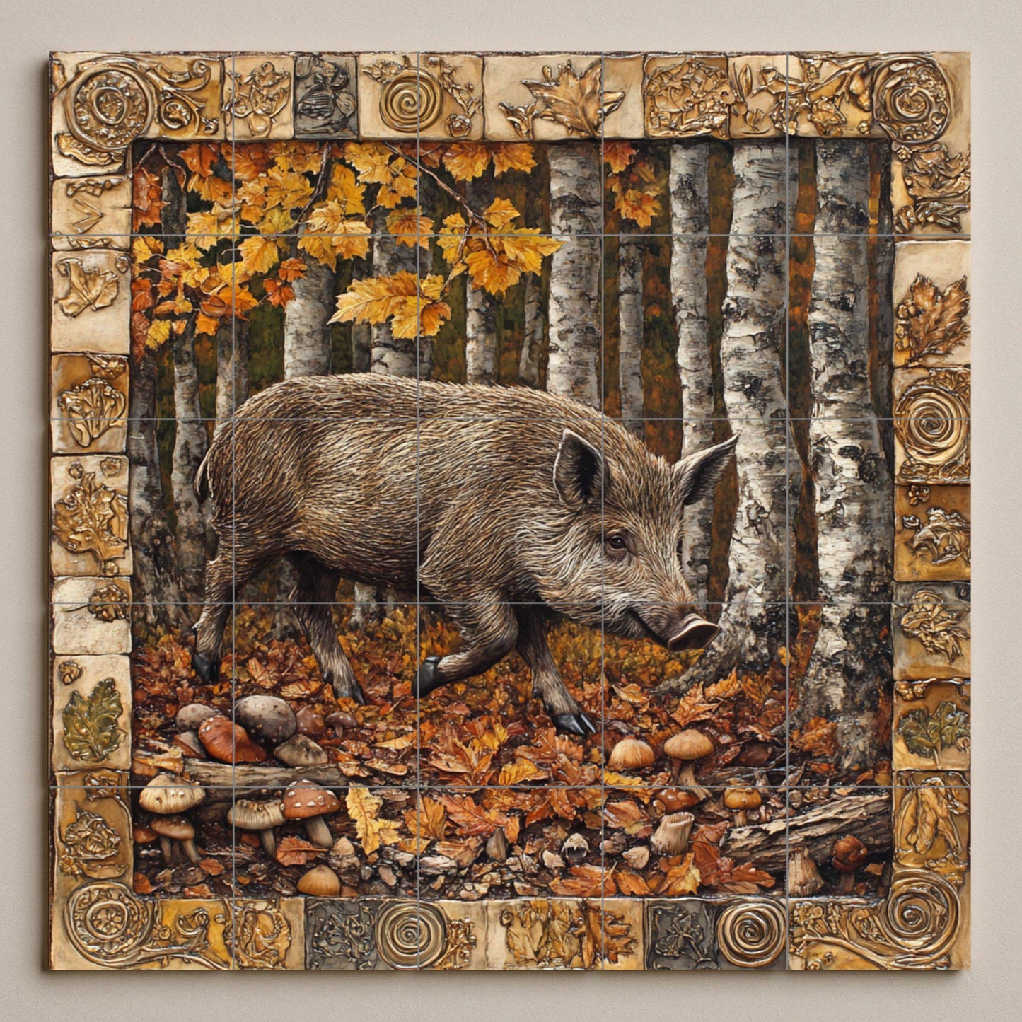 Wild boar forest ceramic tile mural with autumn birch trees and rustic symbolic border, Celtic mythology wall art, woodland cabin panel