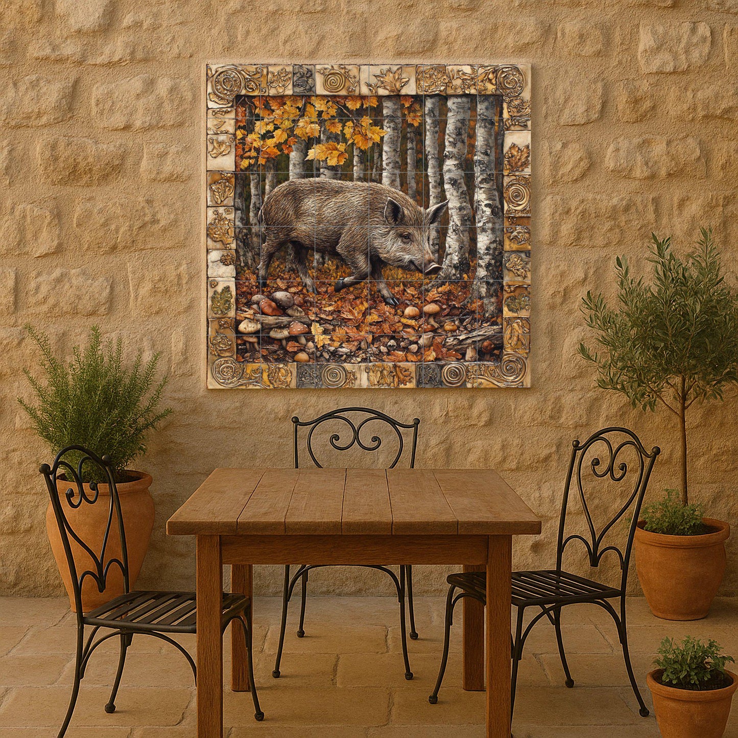 Wild boar forest ceramic tile mural with autumn birch trees and rustic symbolic border, Celtic mythology wall art, woodland cabin panel
