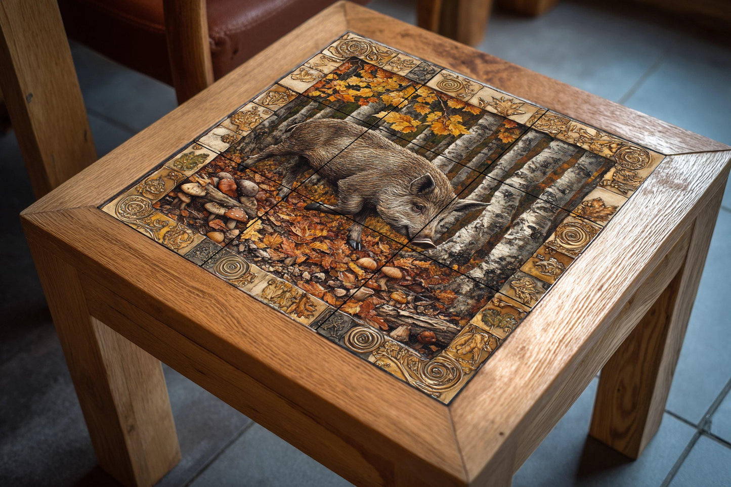 Wild boar forest ceramic tile mural with autumn birch trees and rustic symbolic border, Celtic mythology wall art, woodland cabin panel
