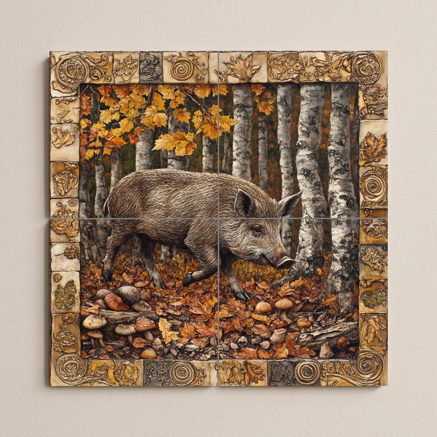 Wild boar forest ceramic tile mural with autumn birch trees and rustic symbolic border, Celtic mythology wall art, woodland cabin panel