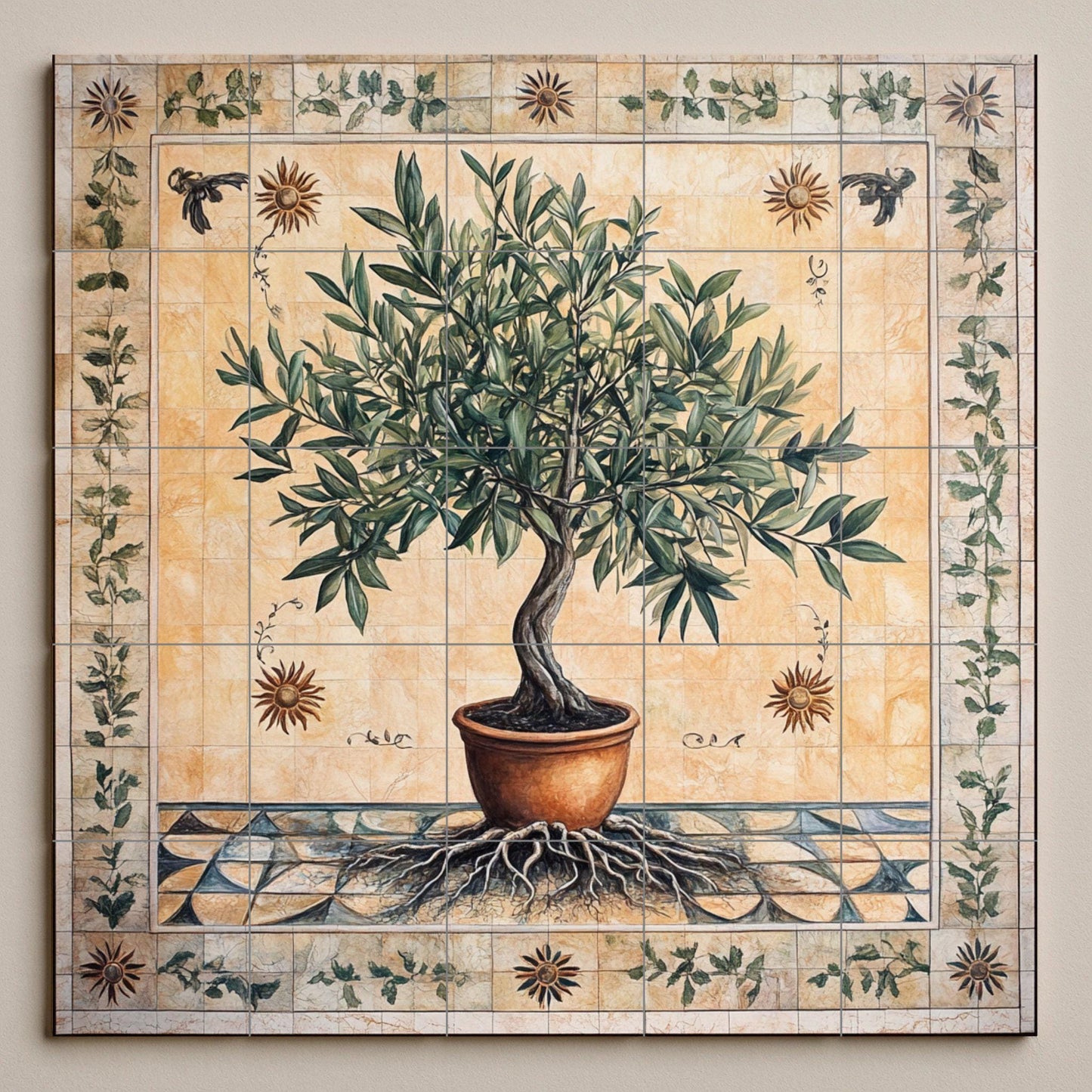 Ceramic tile mural of olive tree of life with roots and terracotta pot, Mediterranean symbolic wall art, decorative panel of peace and prosperity.