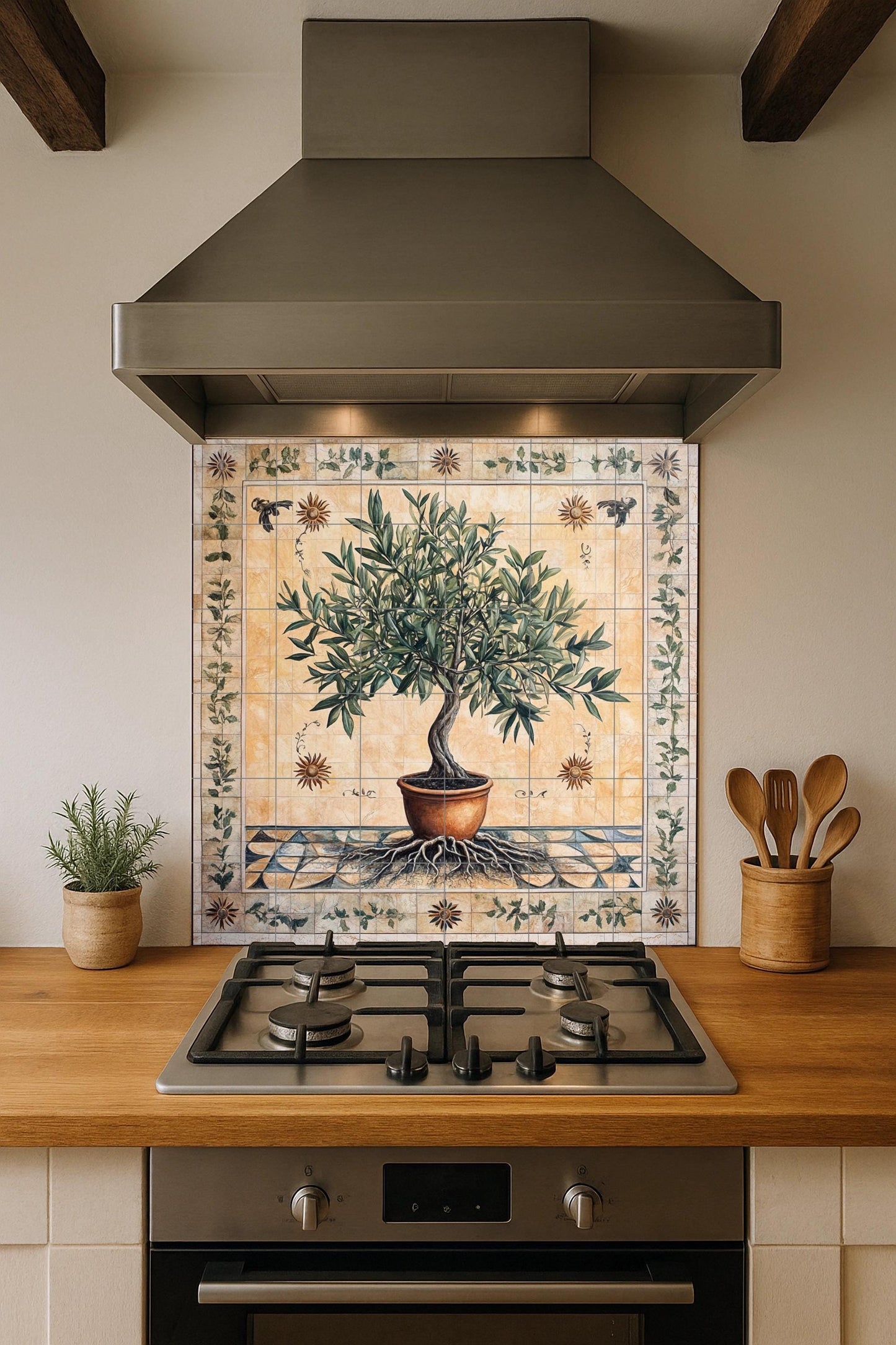 Ceramic tile mural of olive tree of life with roots and terracotta pot, Mediterranean symbolic wall art, decorative panel of peace and prosperity.