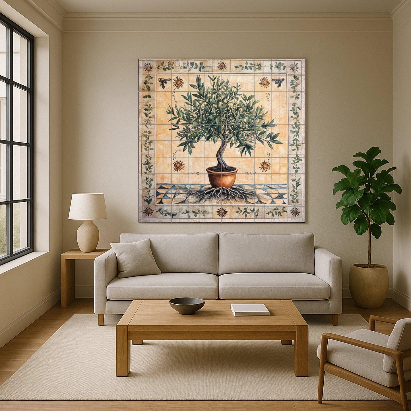Ceramic tile mural of olive tree of life with roots and terracotta pot, Mediterranean symbolic wall art, decorative panel of peace and prosperity.