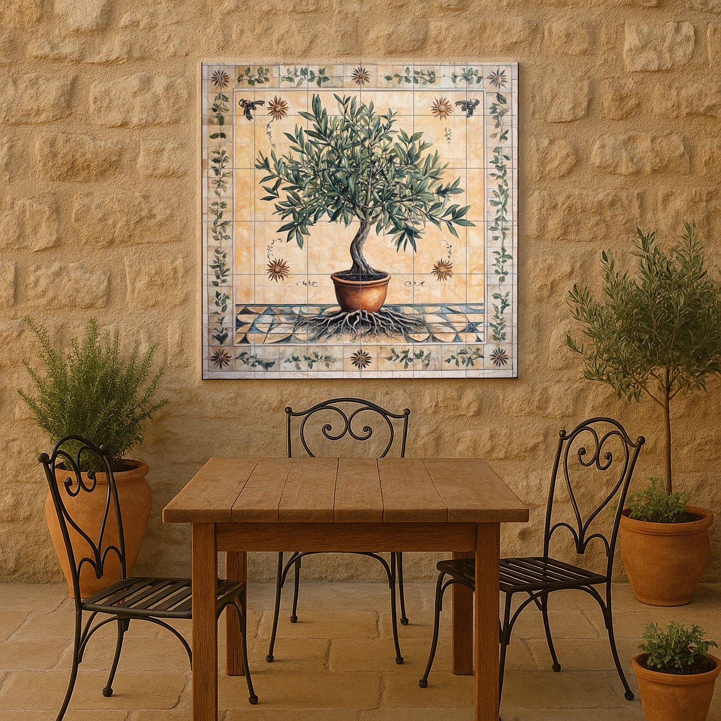 Ceramic tile mural of olive tree of life with roots and terracotta pot, Mediterranean symbolic wall art, decorative panel of peace and prosperity.