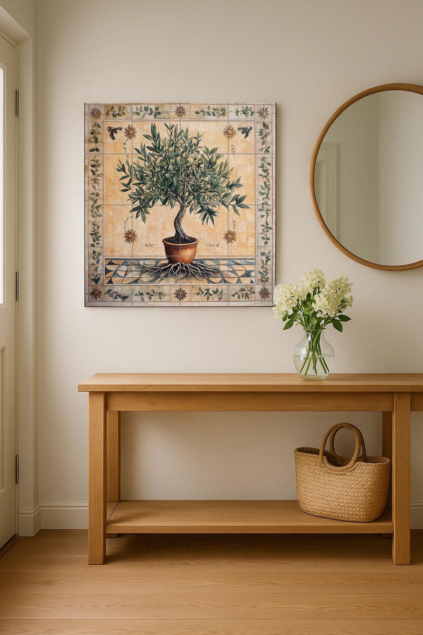 Ceramic tile mural of olive tree of life with roots and terracotta pot, Mediterranean symbolic wall art, decorative panel of peace and prosperity.