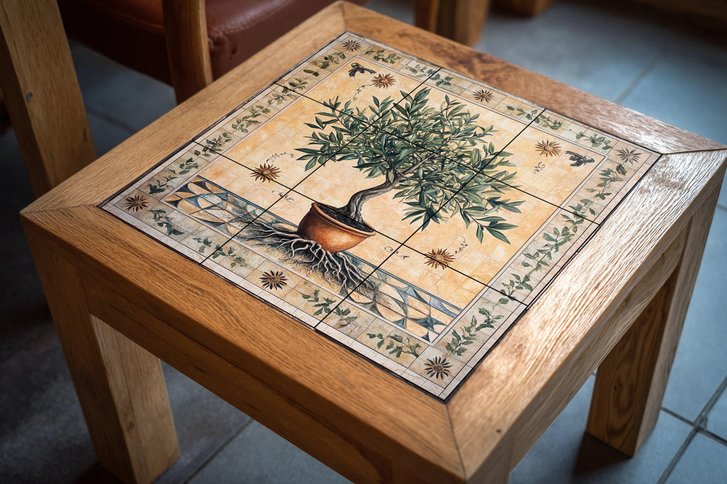 Ceramic tile mural of olive tree of life with roots and terracotta pot, Mediterranean symbolic wall art, decorative panel of peace and prosperity.