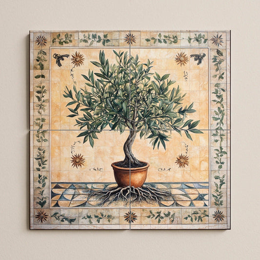 Ceramic tile mural of olive tree of life with roots and terracotta pot, Mediterranean symbolic wall art, decorative panel of peace and prosperity.
