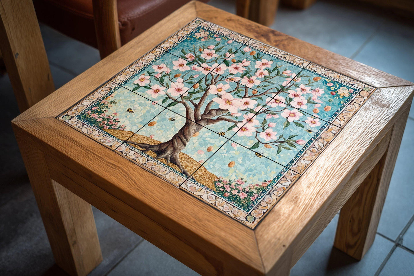 Ceramic tile mural of Persian almond blossom with bees and mosaic border, floral panel from Samarkand, Central Asia, Anatolian spring, Middle East.