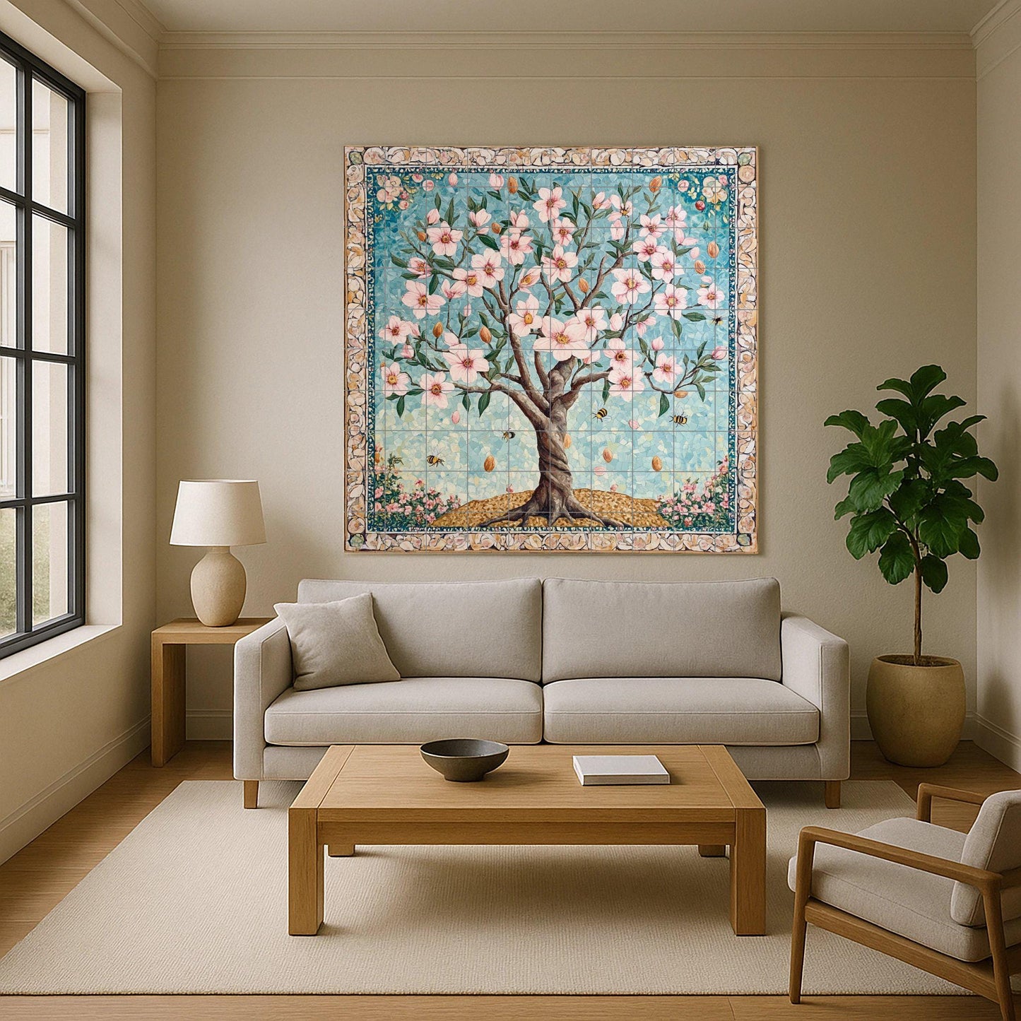 Ceramic tile mural of Persian almond blossom with bees and mosaic border, floral panel from Samarkand, Central Asia, Anatolian spring, Middle East.