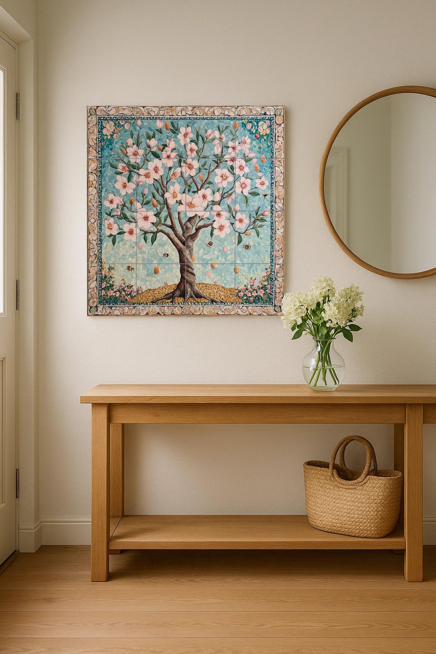 Ceramic tile mural of Persian almond blossom with bees and mosaic border, floral panel from Samarkand, Central Asia, Anatolian spring, Middle East.