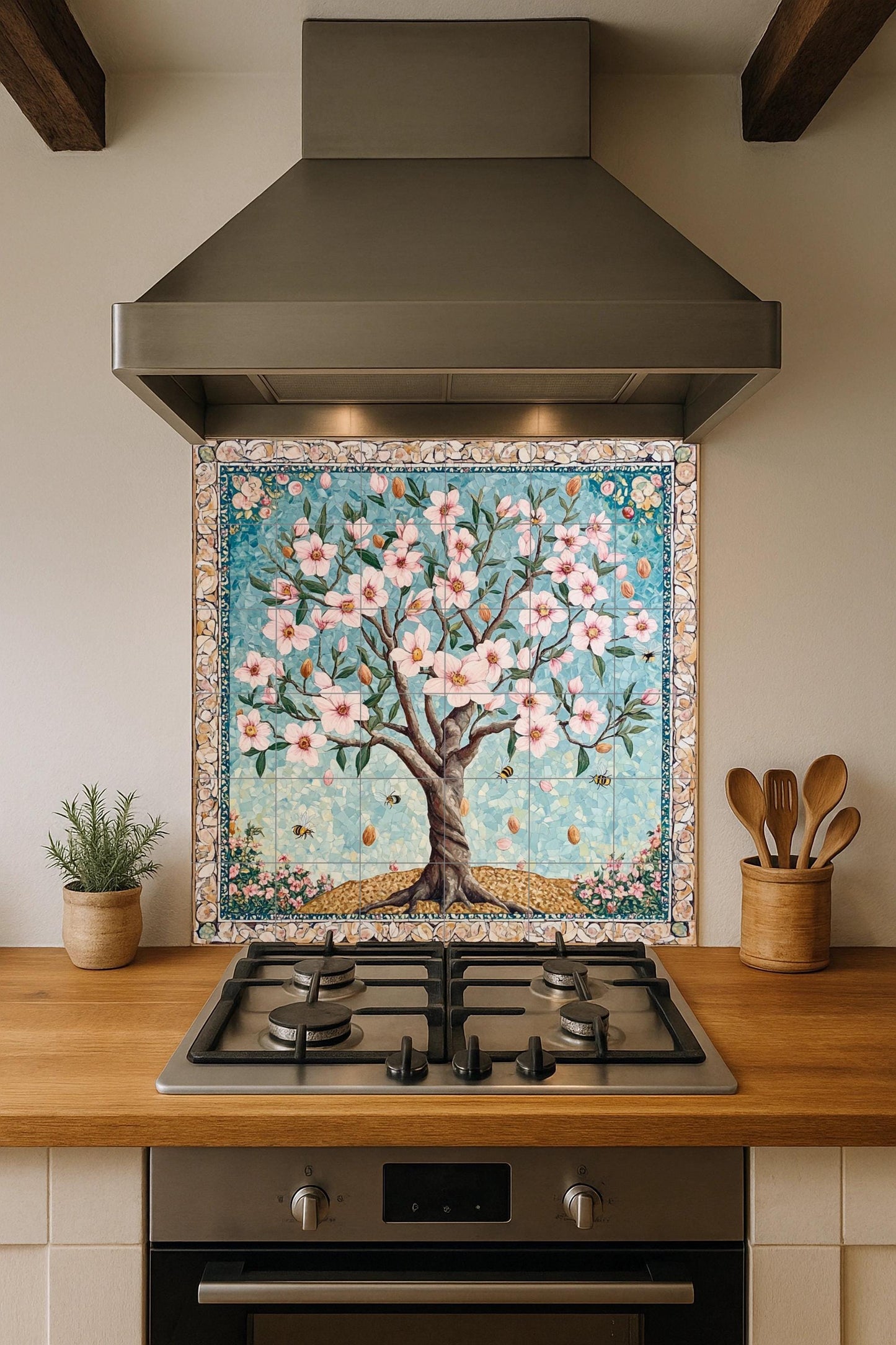 Ceramic tile mural of Persian almond blossom with bees and mosaic border, floral panel from Samarkand, Central Asia, Anatolian spring, Middle East.
