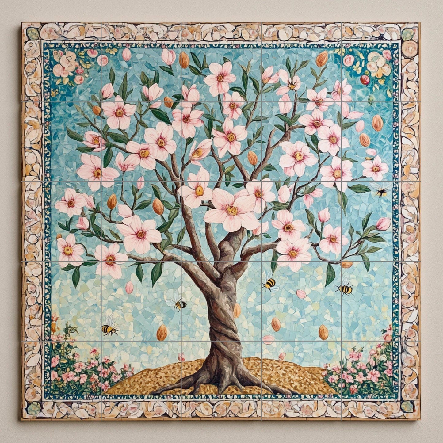 Ceramic tile mural of Persian almond blossom with bees and mosaic border, floral panel from Samarkand, Central Asia, Anatolian spring, Middle East.